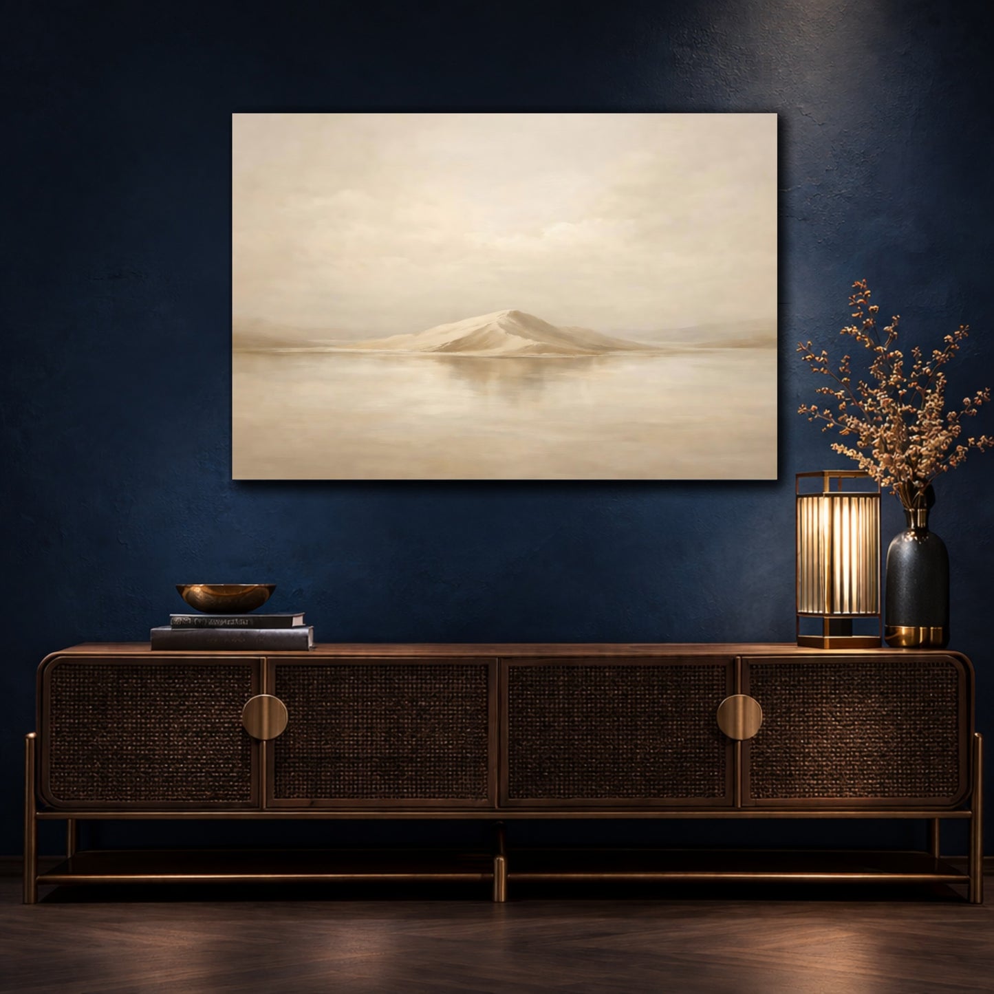 Mockup 4. Nature Mountain Island Warm Beige Landscape shown as stretched canvas wall art