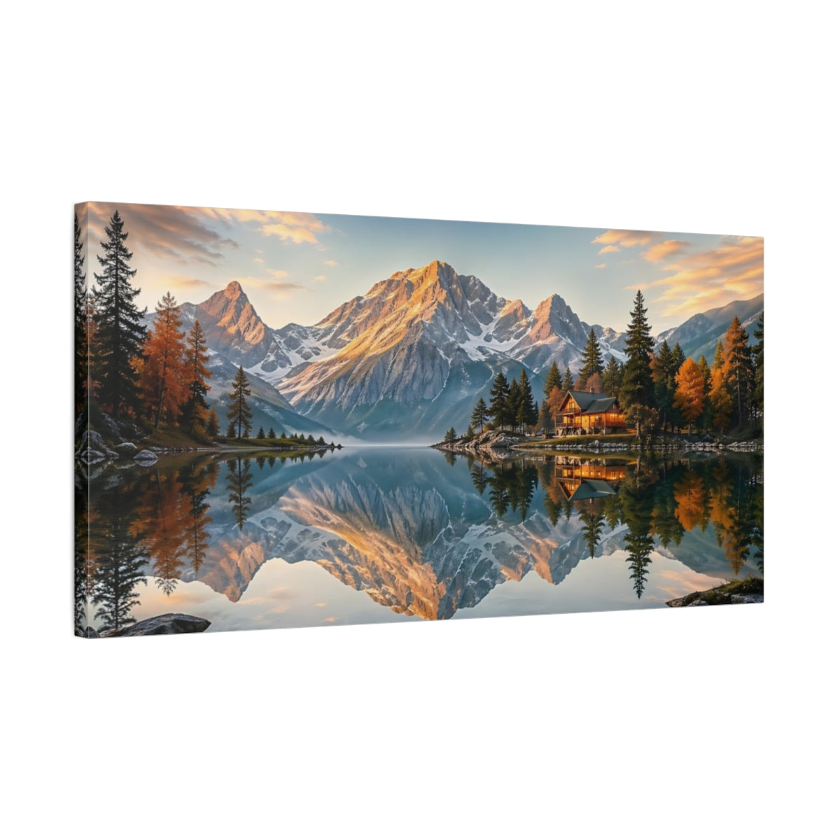Side Mockup 1. Nature Mountain Lake Autumn Mountain Lake shown as stretched canvas wall art