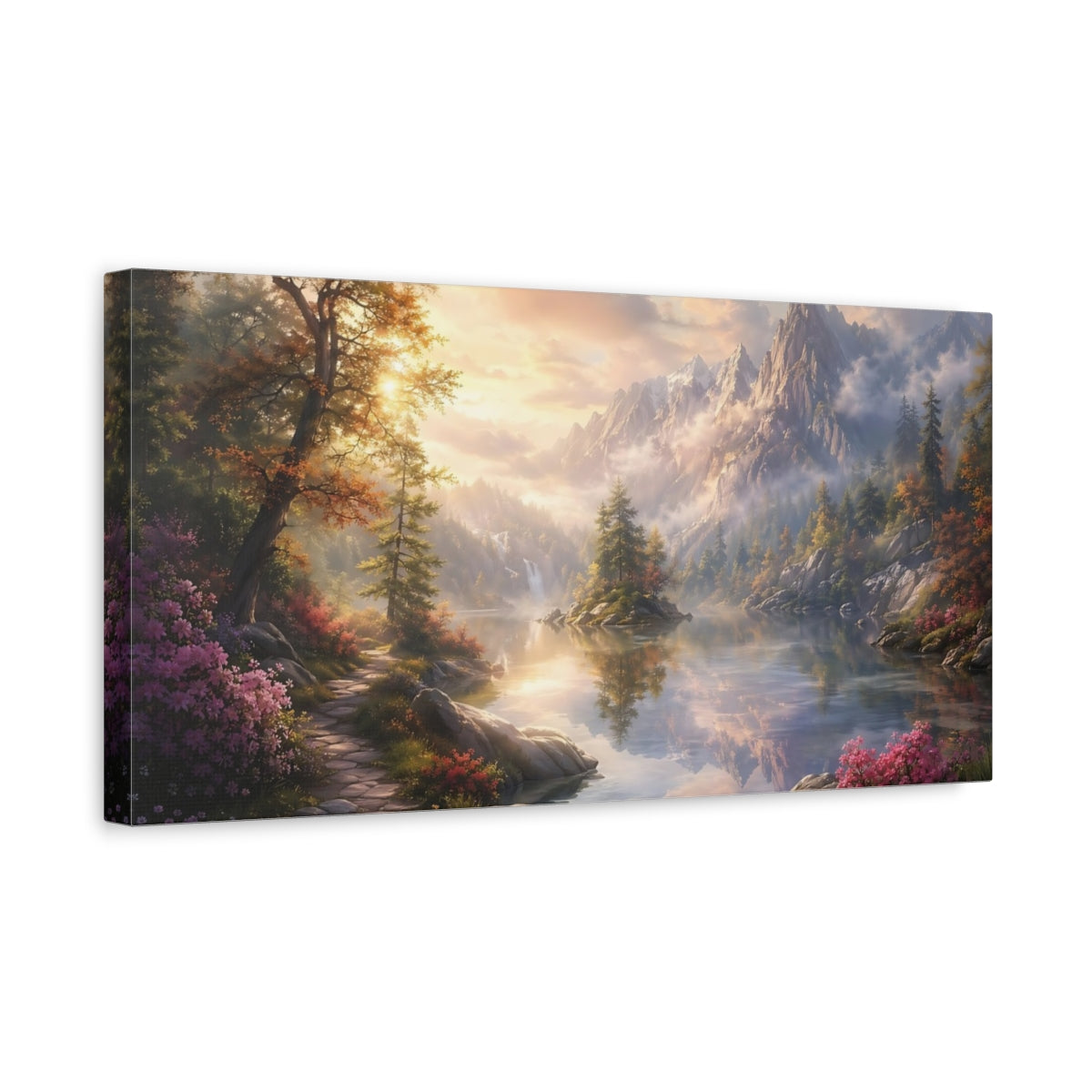 Side Mockup 3. Nature Mountain Lake Mountain Lake Autumn shown as stretched canvas wall art