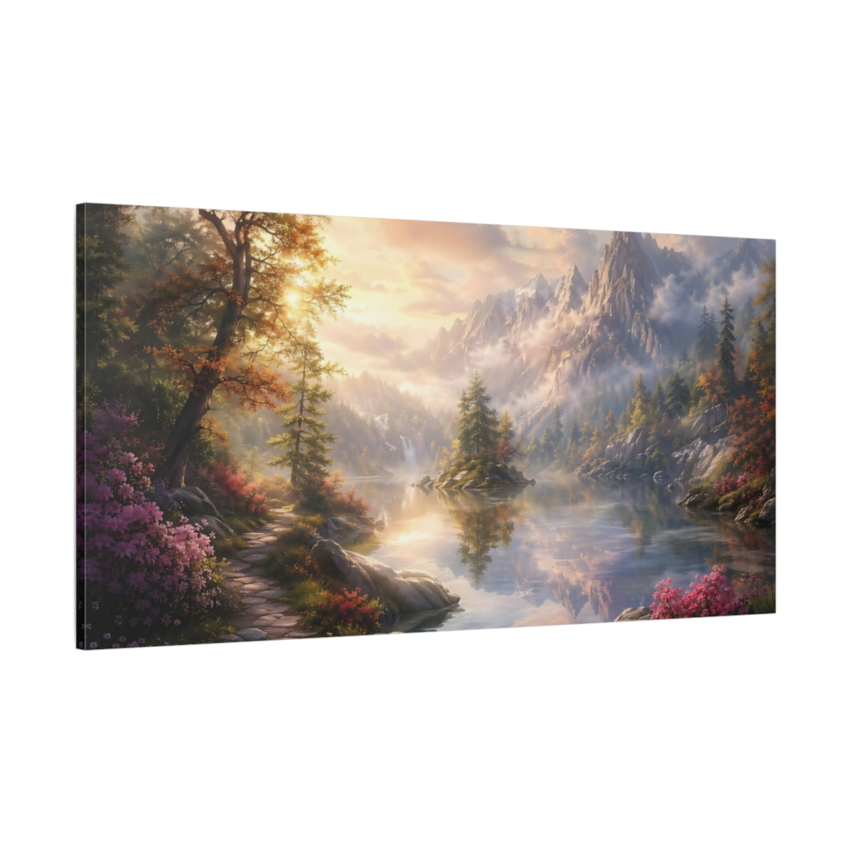 Side Mockup 2. Nature Mountain Lake Mountain Lake Autumn shown as stretched canvas wall art