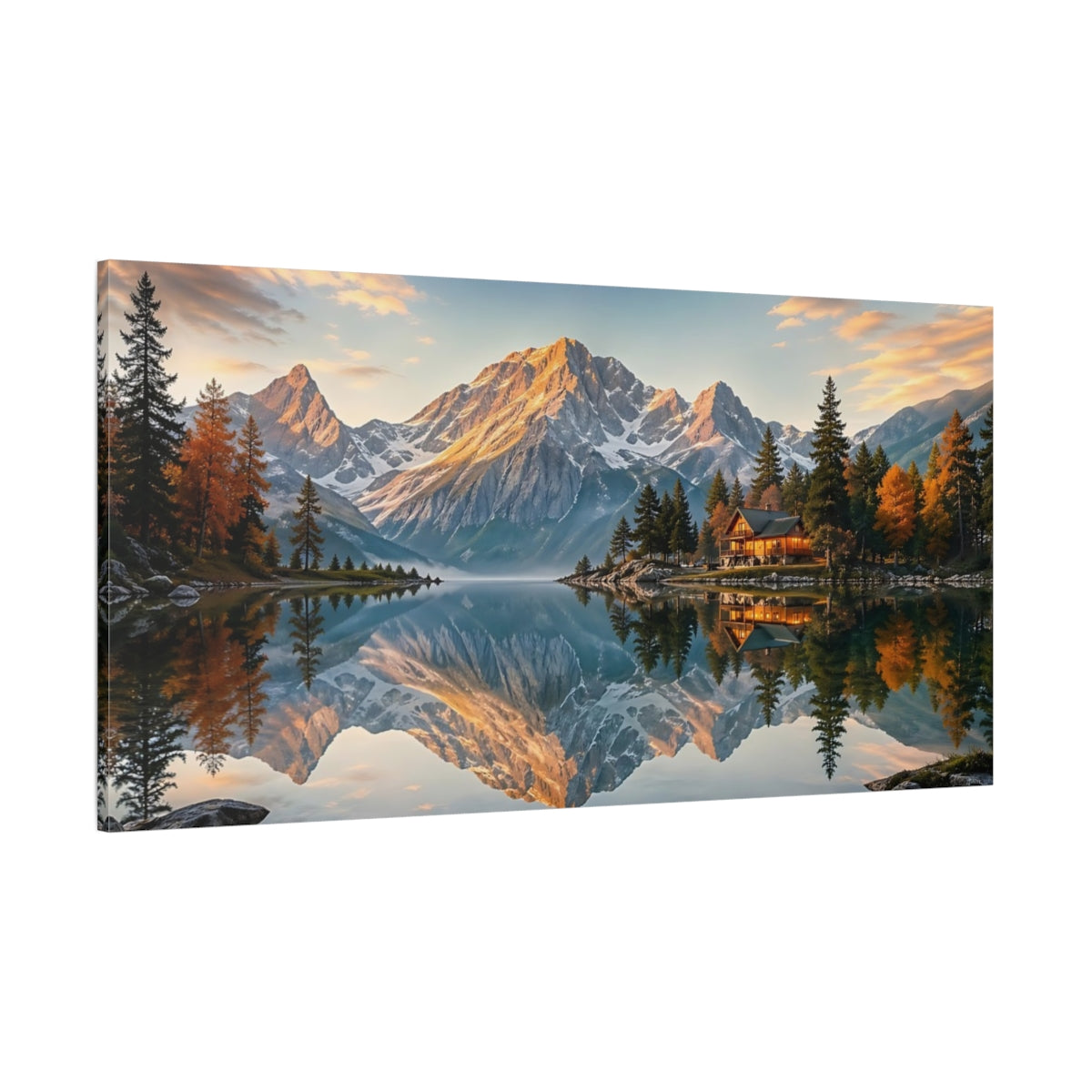 Side Mockup 2. Nature Mountain Lake Autumn Mountain Lake shown as stretched canvas wall art