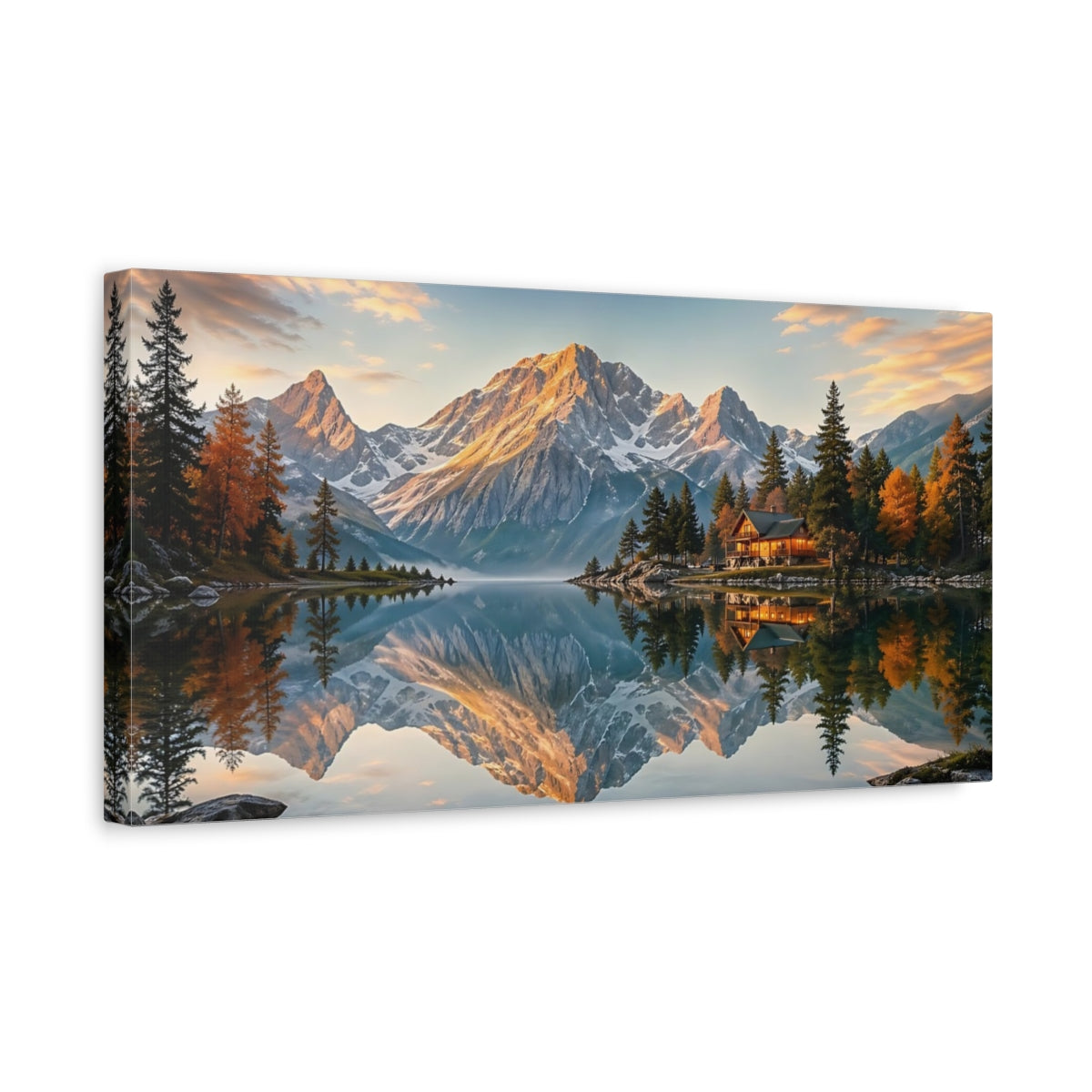 Side Mockup 3. Nature Mountain Lake Autumn Mountain Lake shown as stretched canvas wall art