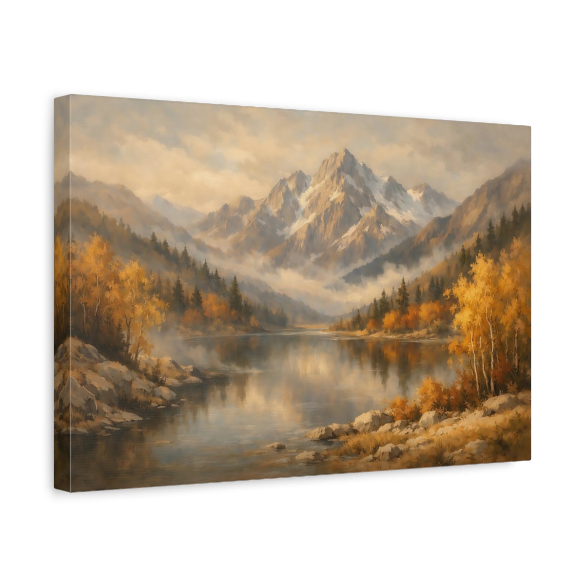Side Mockup 4. Nature Mountain Lake Autumn Mountain Lake shown as stretched canvas wall art