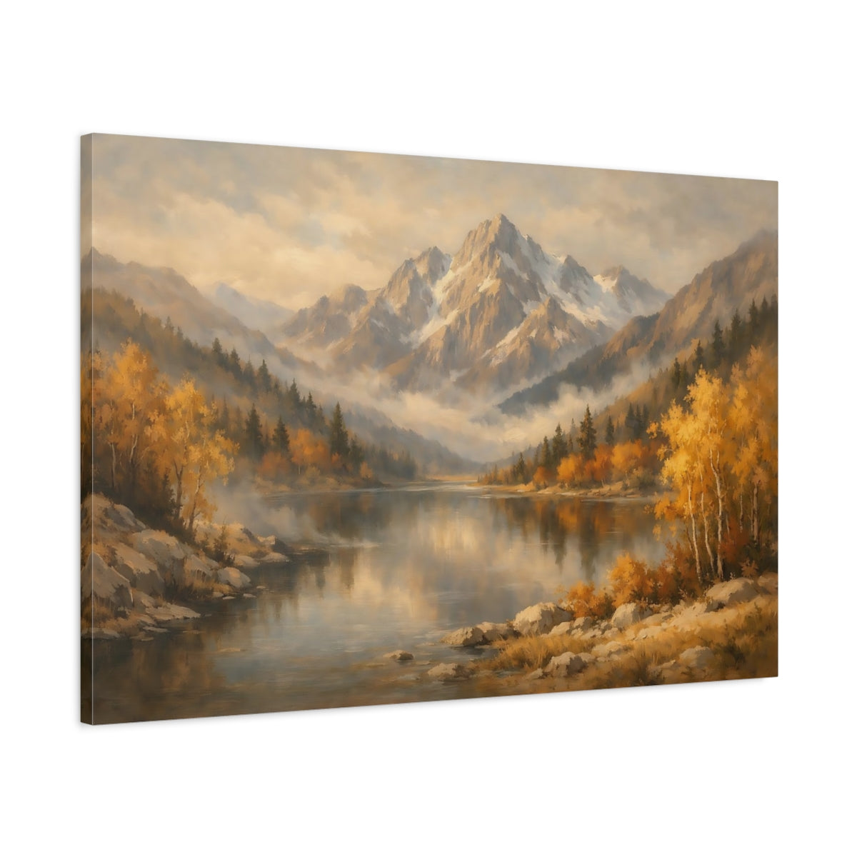 Side Mockup 1. Nature Mountain Lake Autumn Mountain Lake shown as stretched canvas wall art