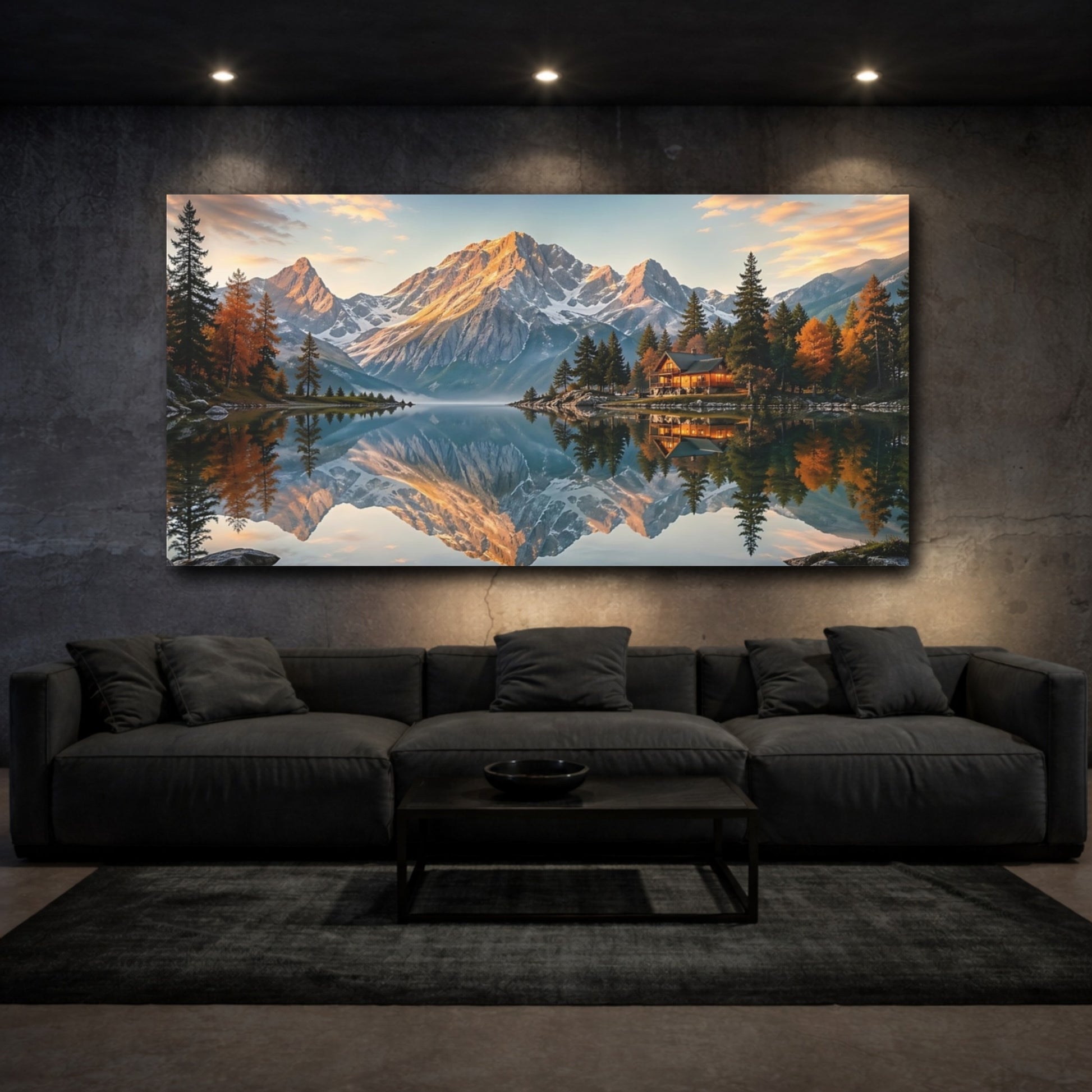 Mockup 2. Nature Mountain Lake Autumn Mountain Lake shown as stretched canvas wall art