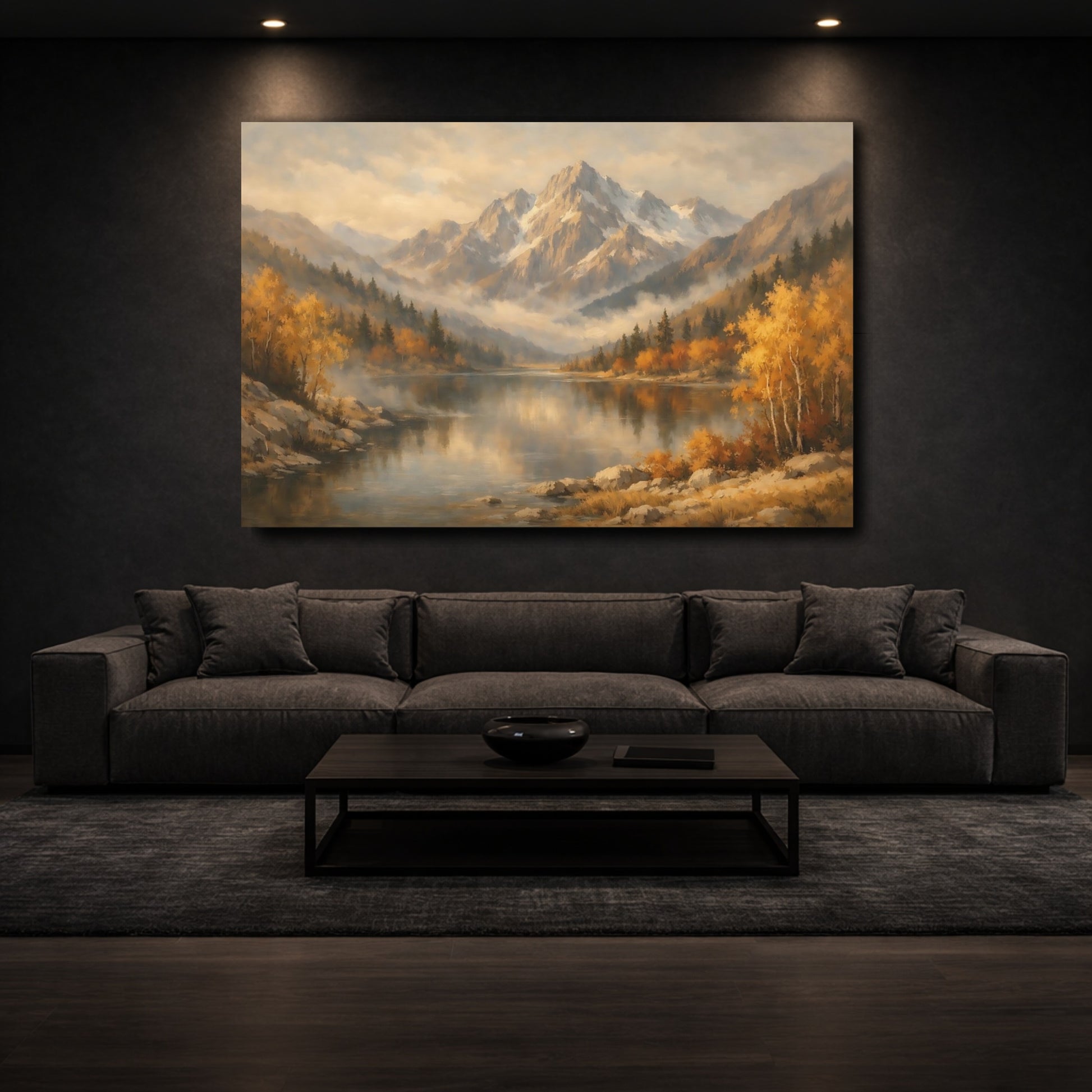Mockup 2. Nature Mountain Lake Autumn Mountain Lake shown as stretched canvas wall art