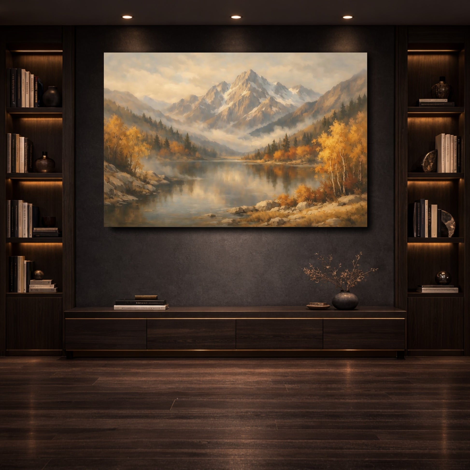 Mockup 3. Nature Mountain Lake Autumn Mountain Lake shown as stretched canvas wall art