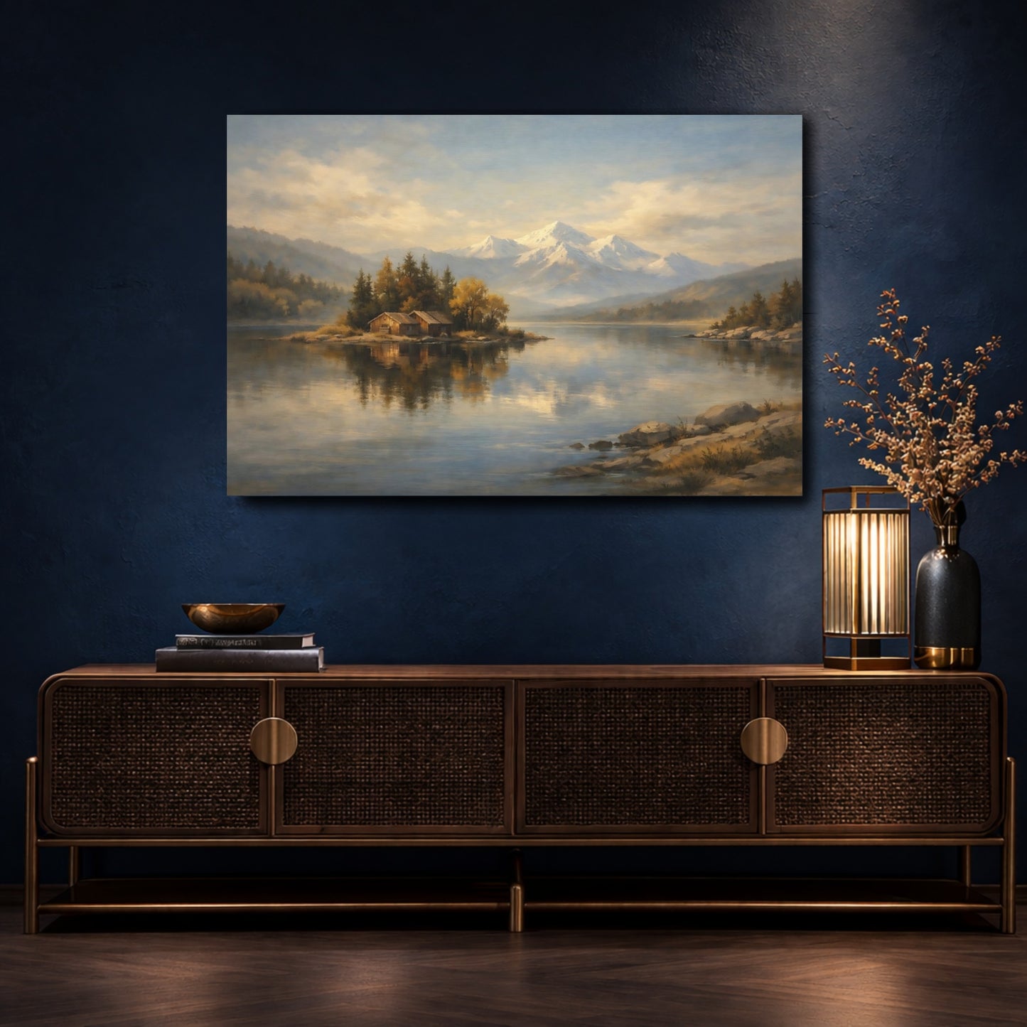 Mockup 4. Nature Mountain Lake Autumn Mountain Lake shown as stretched canvas wall art