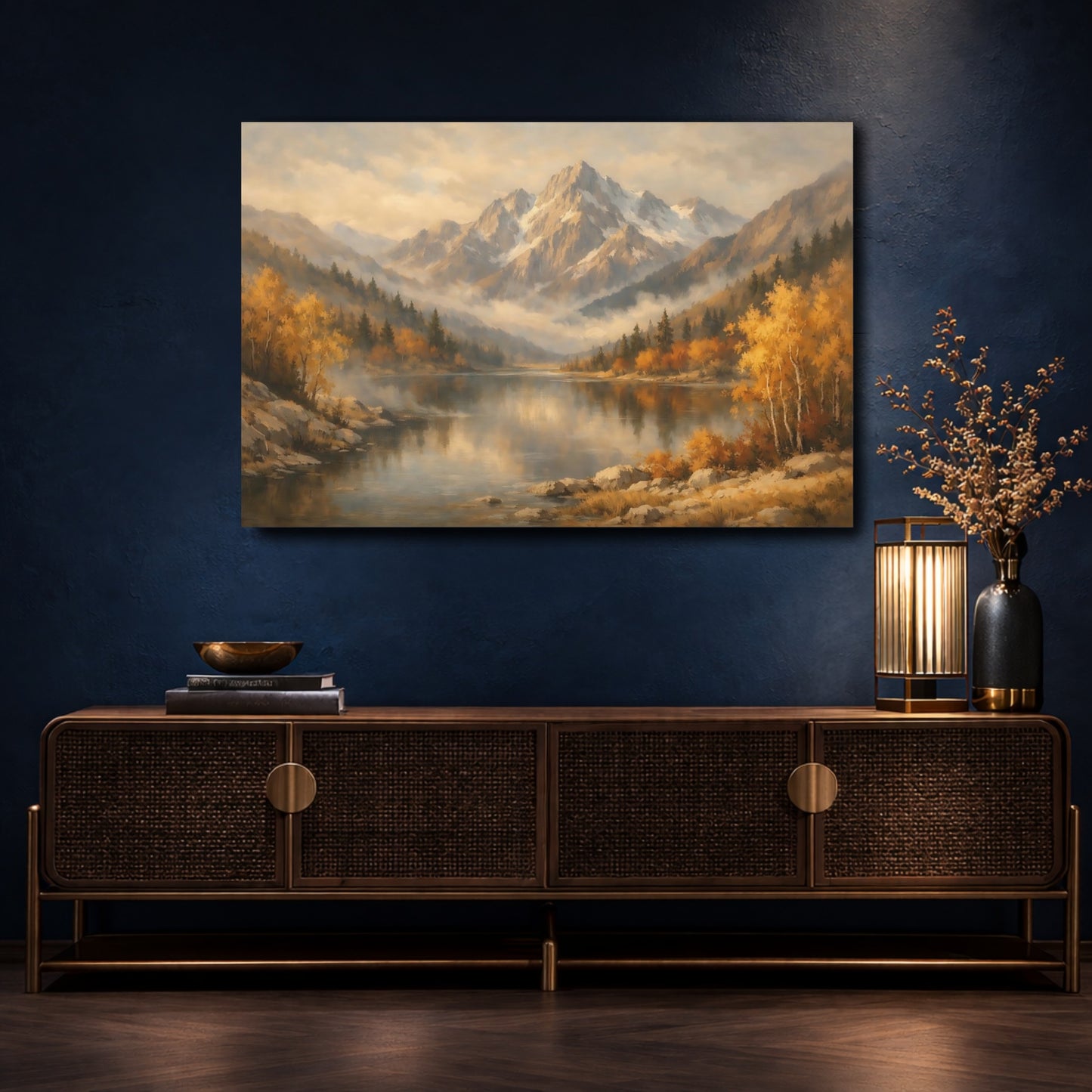 Mockup 4. Nature Mountain Lake Autumn Mountain Lake shown as stretched canvas wall art
