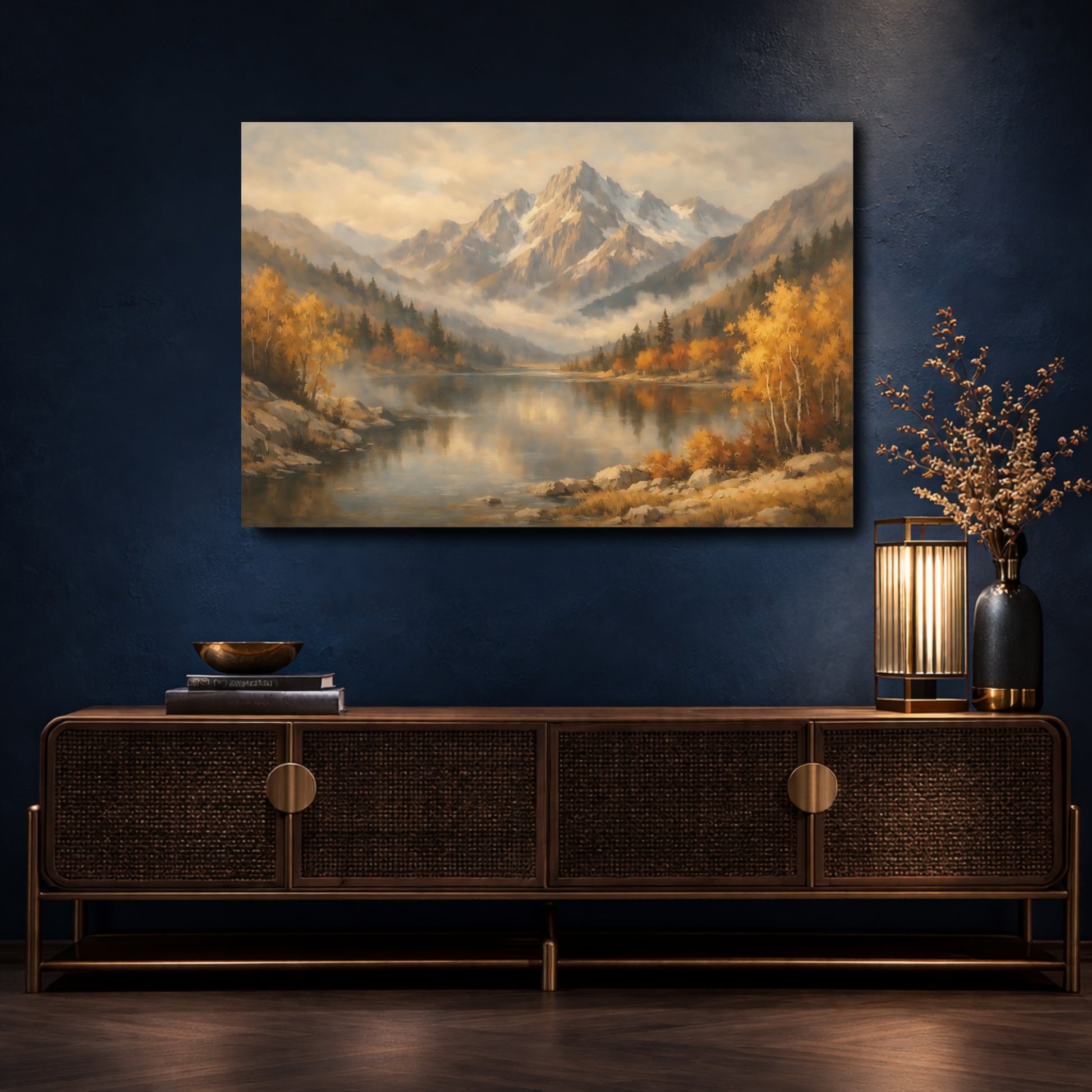 Mockup 4. Nature Mountain Lake Autumn Mountain Lake shown as stretched canvas wall art