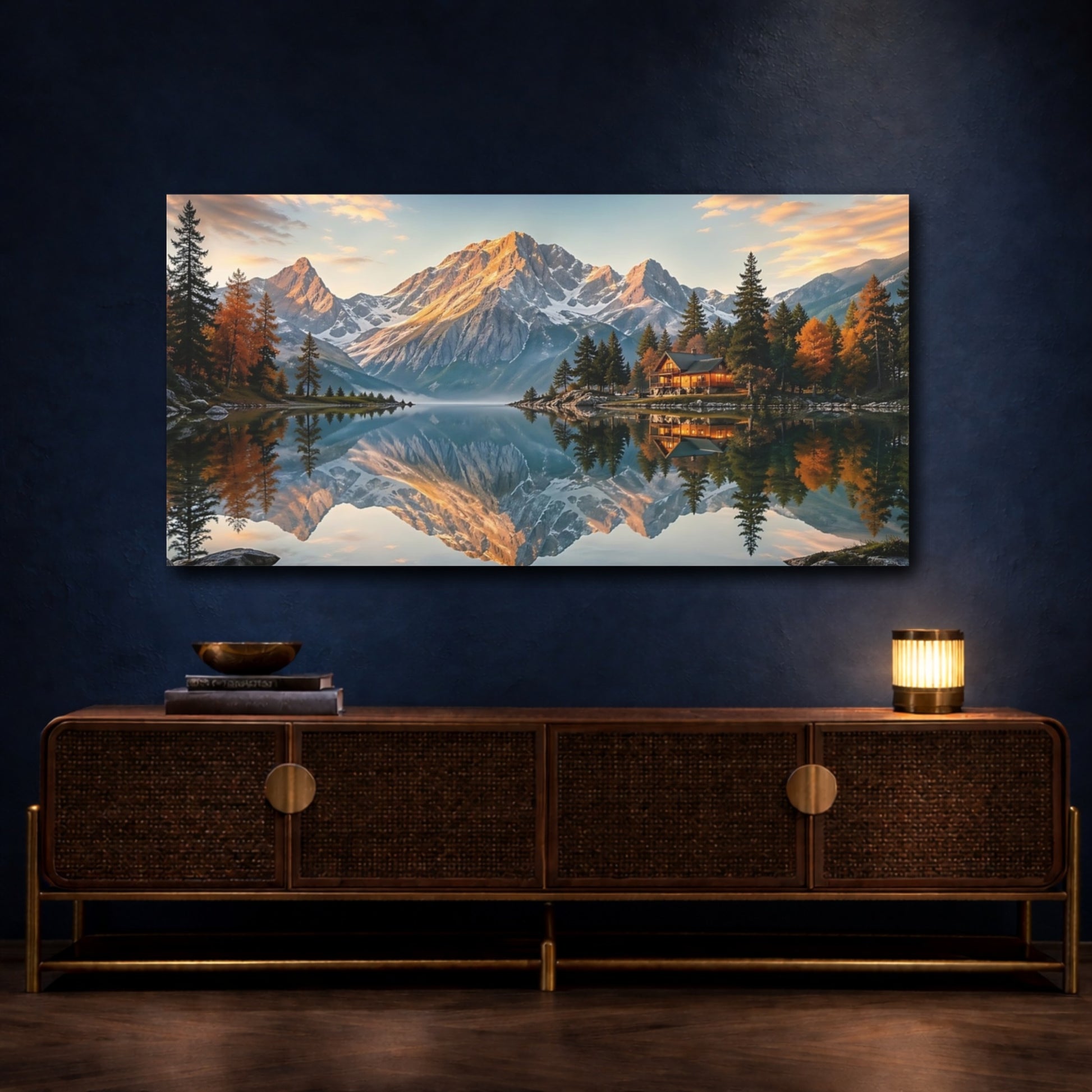 Mockup 4. Nature Mountain Lake Autumn Mountain Lake shown as stretched canvas wall art