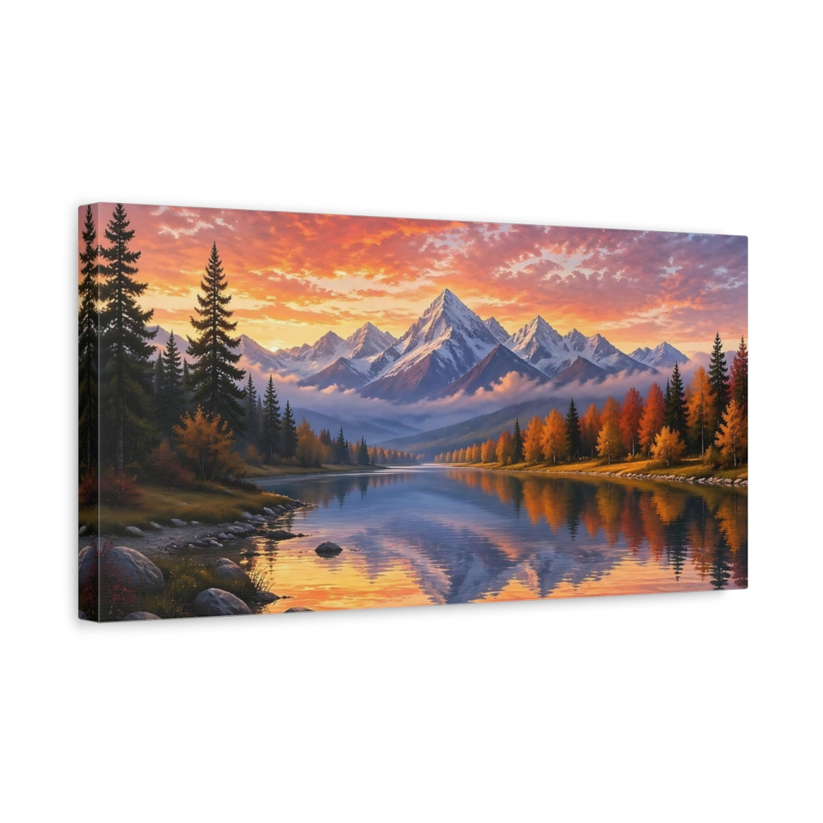 Side Mockup 3. Nature Mountain Lake Autumn Sunset Mountains shown as stretched canvas wall art