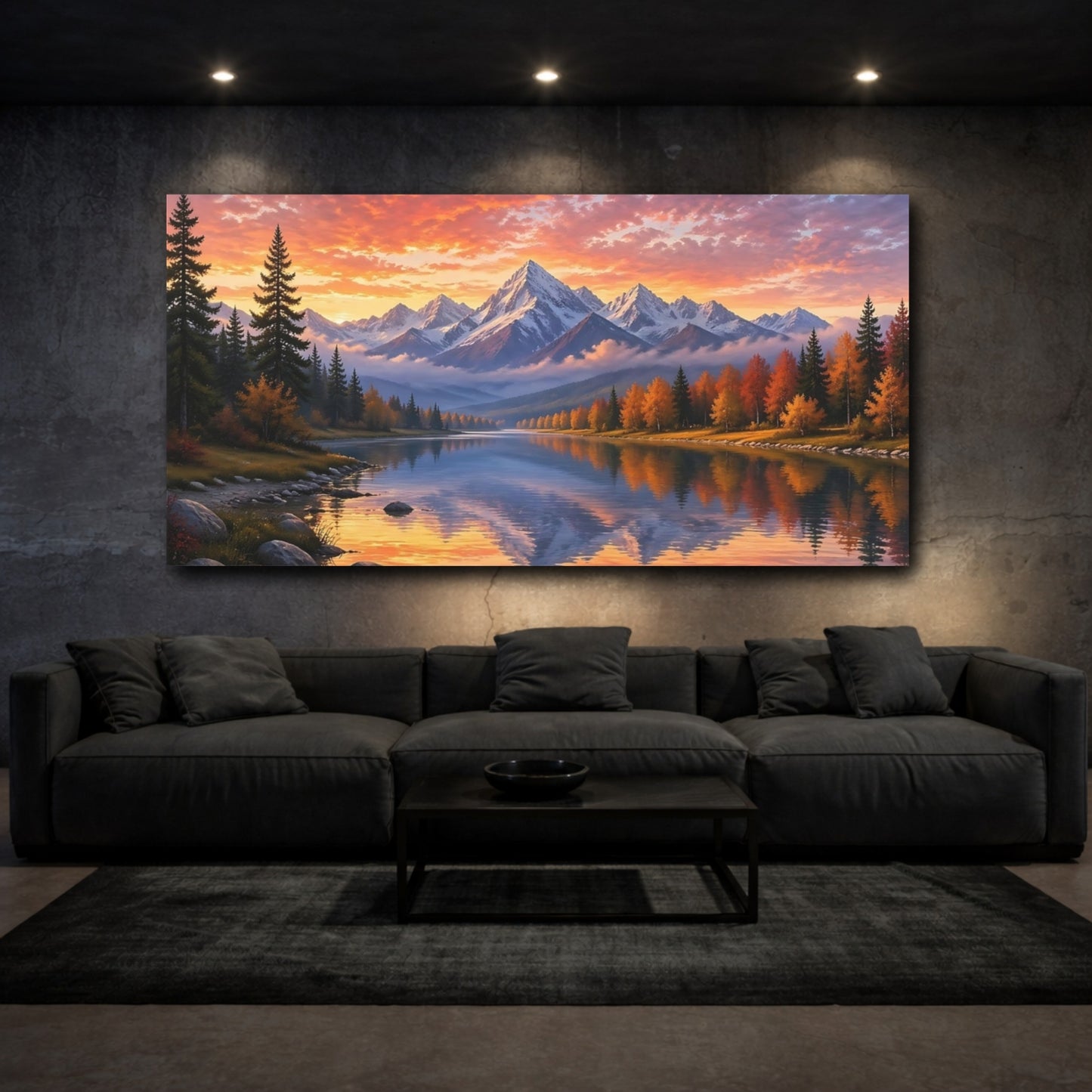 Mockup 2. Nature Mountain Lake Autumn Sunset Mountains shown as stretched canvas wall art