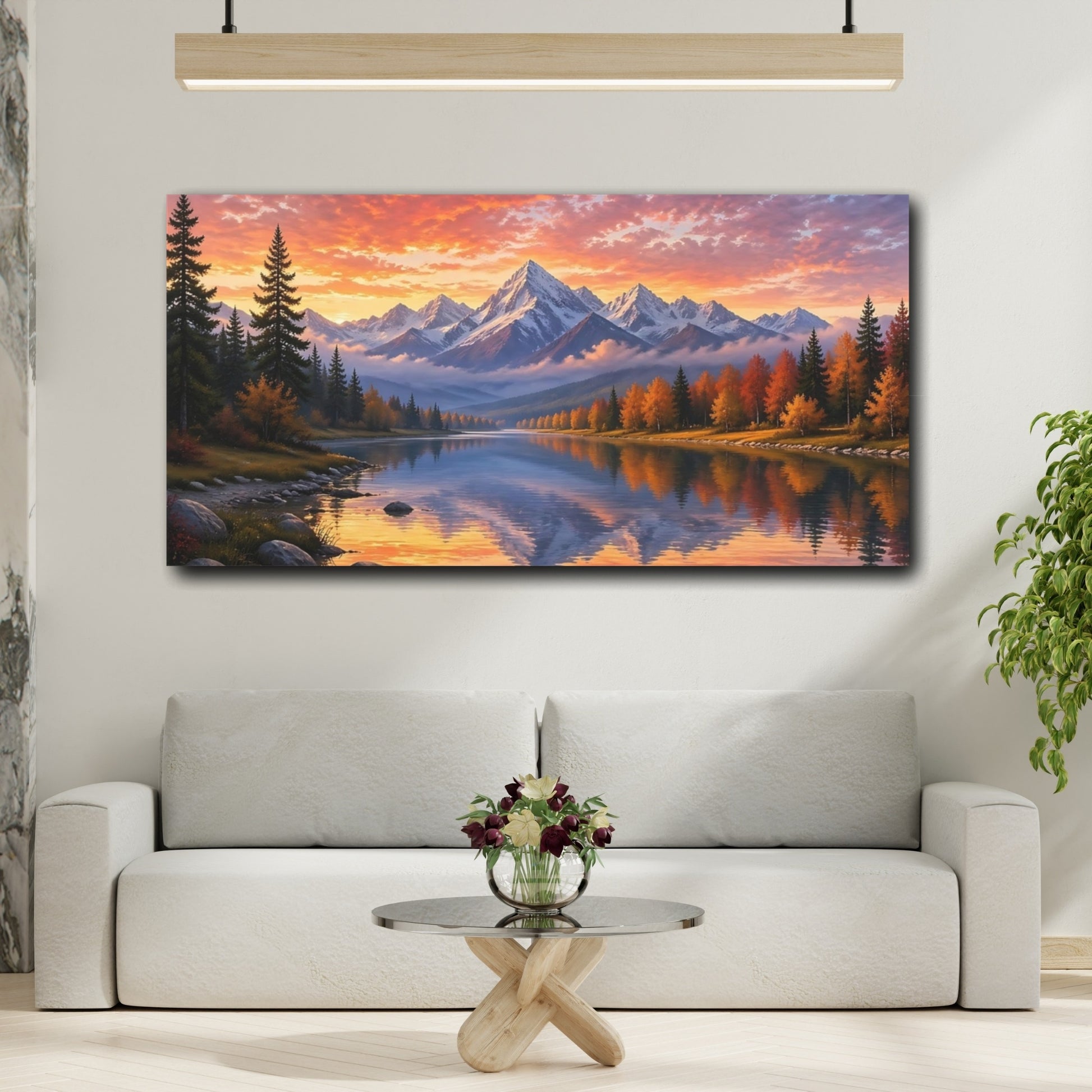 Mockup 3. Nature Mountain Lake Autumn Sunset Mountains shown as stretched canvas wall art
