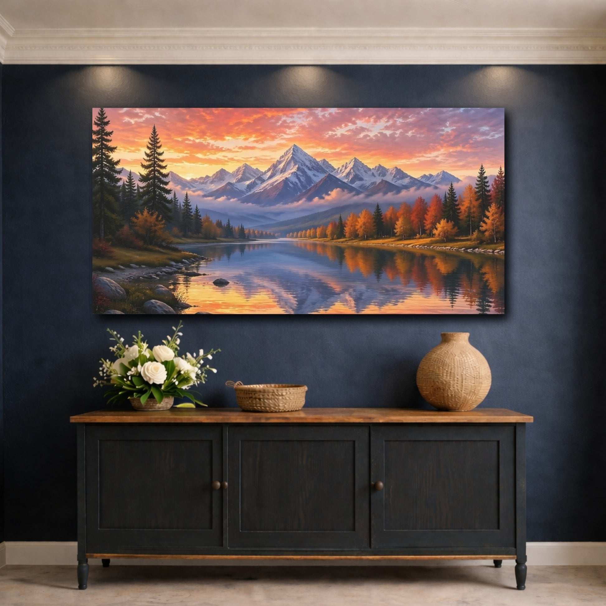 Mockup 4. Nature Mountain Lake Autumn Sunset Mountains shown as stretched canvas wall art
