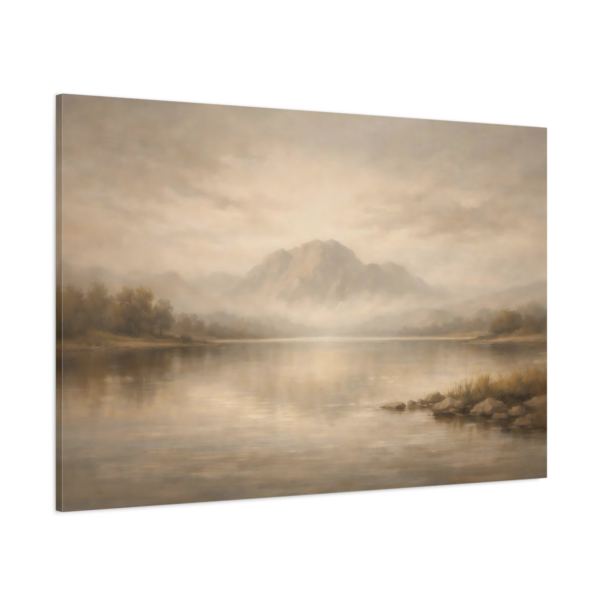 Main Mockup. Nature Mountain Lake Beige And Brown shown as stretched canvas wall art
