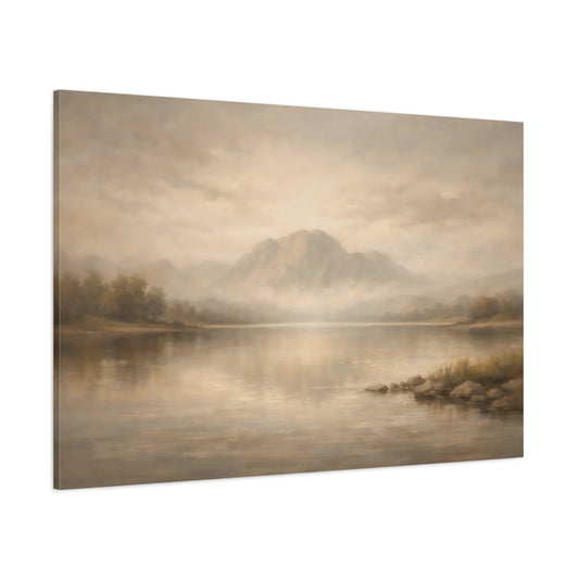 Main Mockup. Nature Mountain Lake Beige And Brown shown as stretched canvas wall art