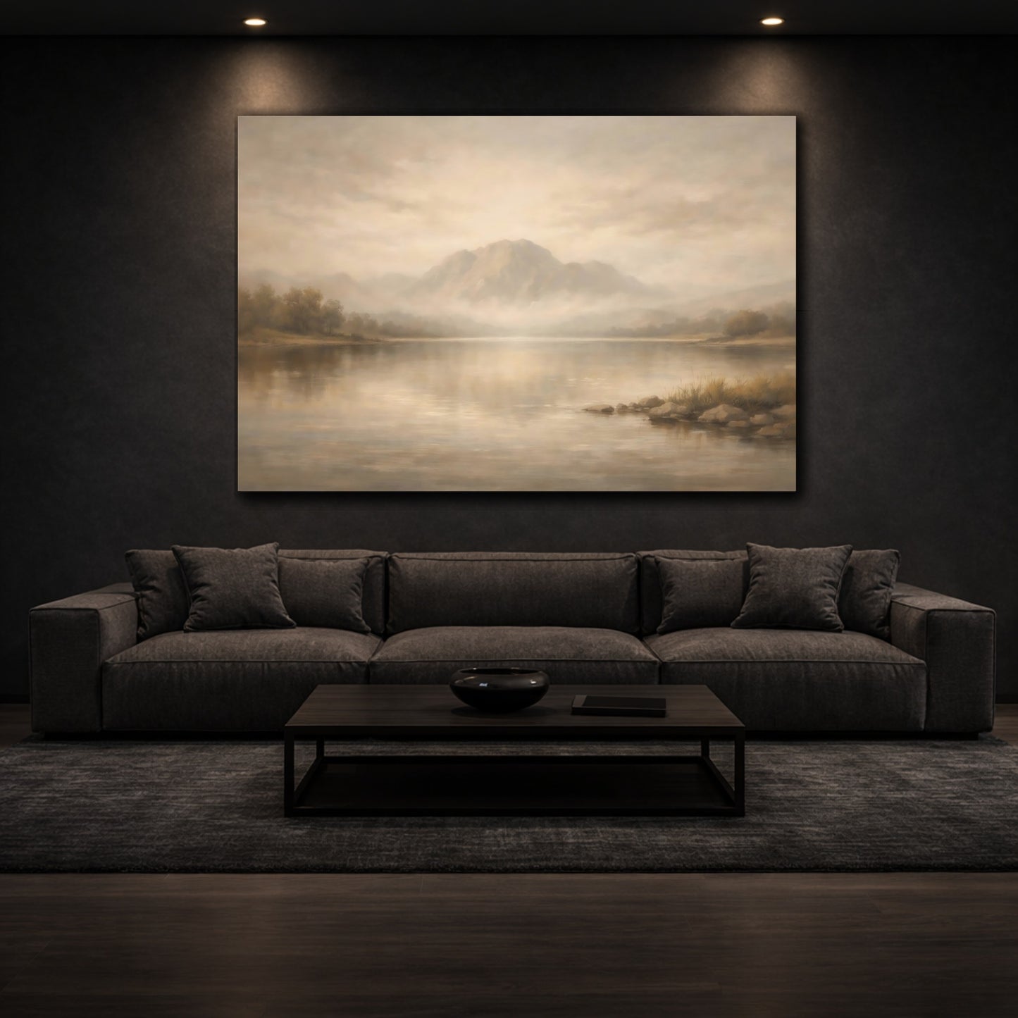 Mockup 2. Nature Mountain Lake Beige And Brown shown as stretched canvas wall art