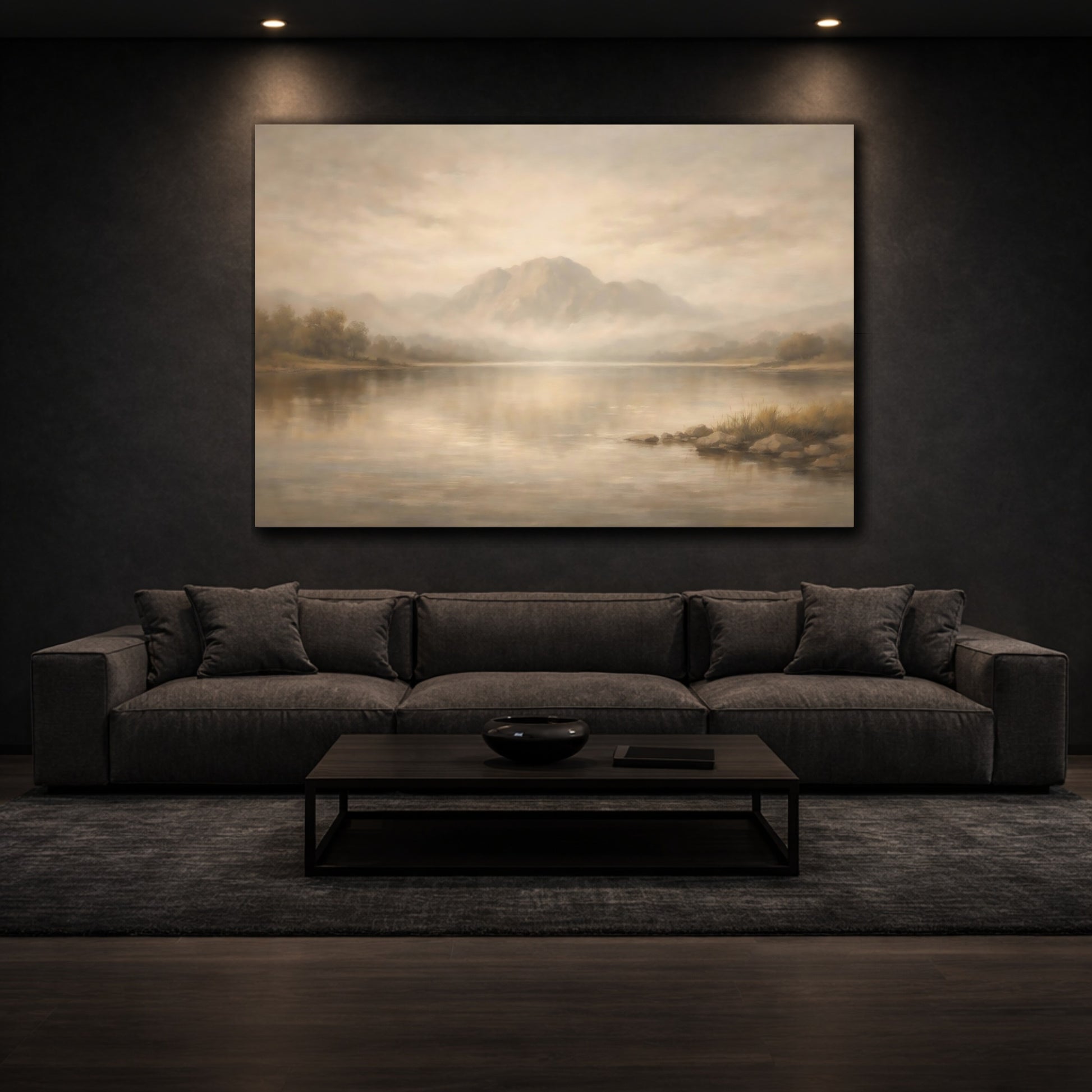 Mockup 2. Nature Mountain Lake Beige And Brown shown as stretched canvas wall art
