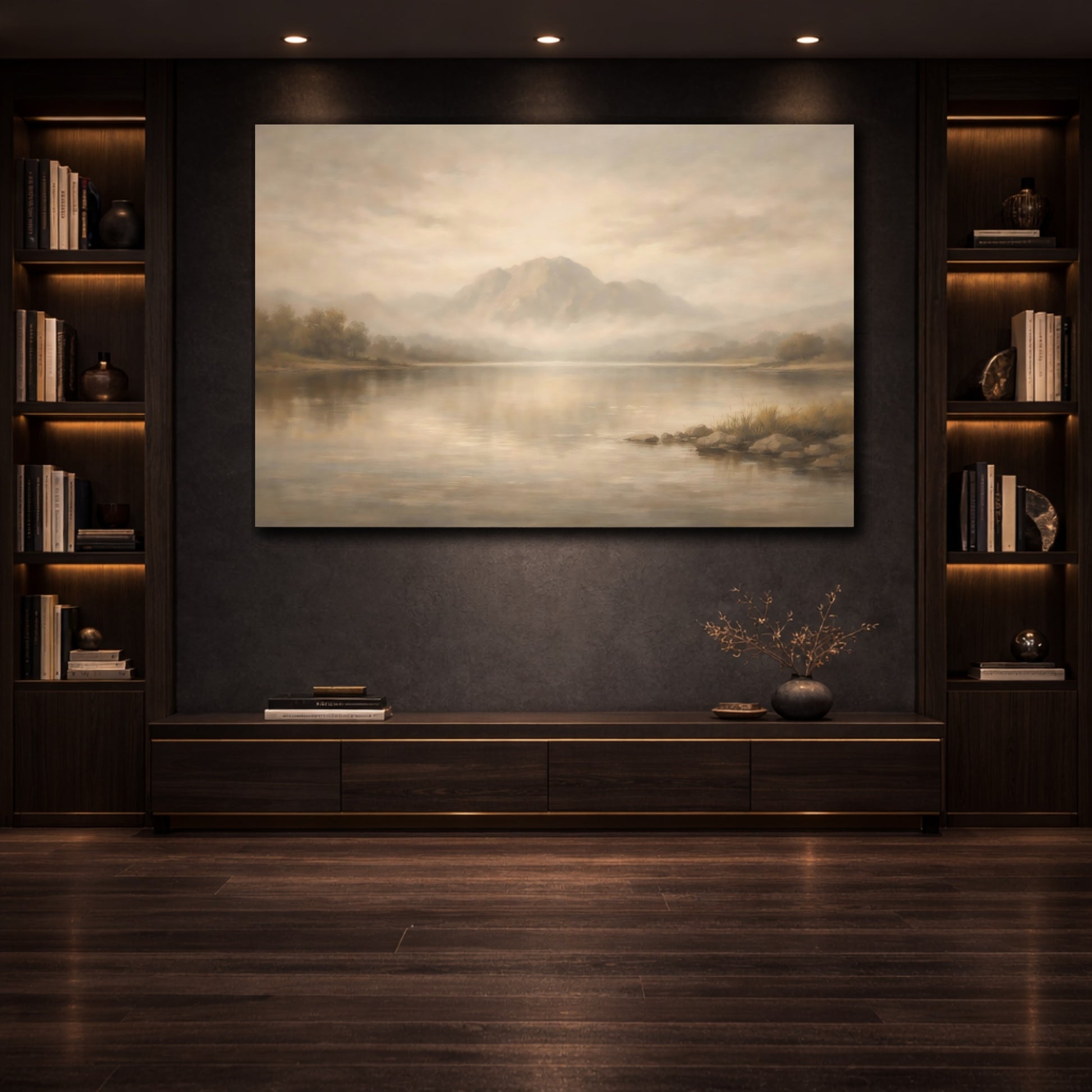 Mockup 3. Nature Mountain Lake Beige And Brown shown as stretched canvas wall art