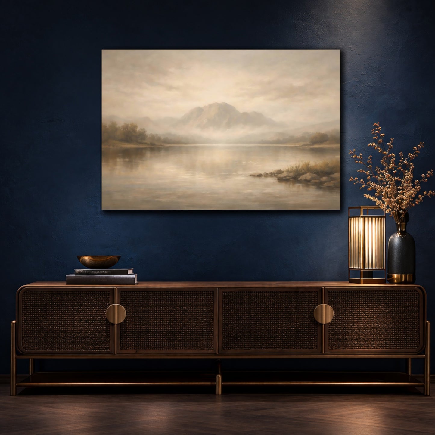 Mockup 4. Nature Mountain Lake Beige And Brown shown as stretched canvas wall art