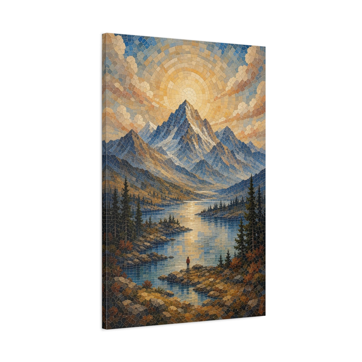 Main Mockup. Nature Mountain Lake Blue And Gold shown as stretched canvas wall art