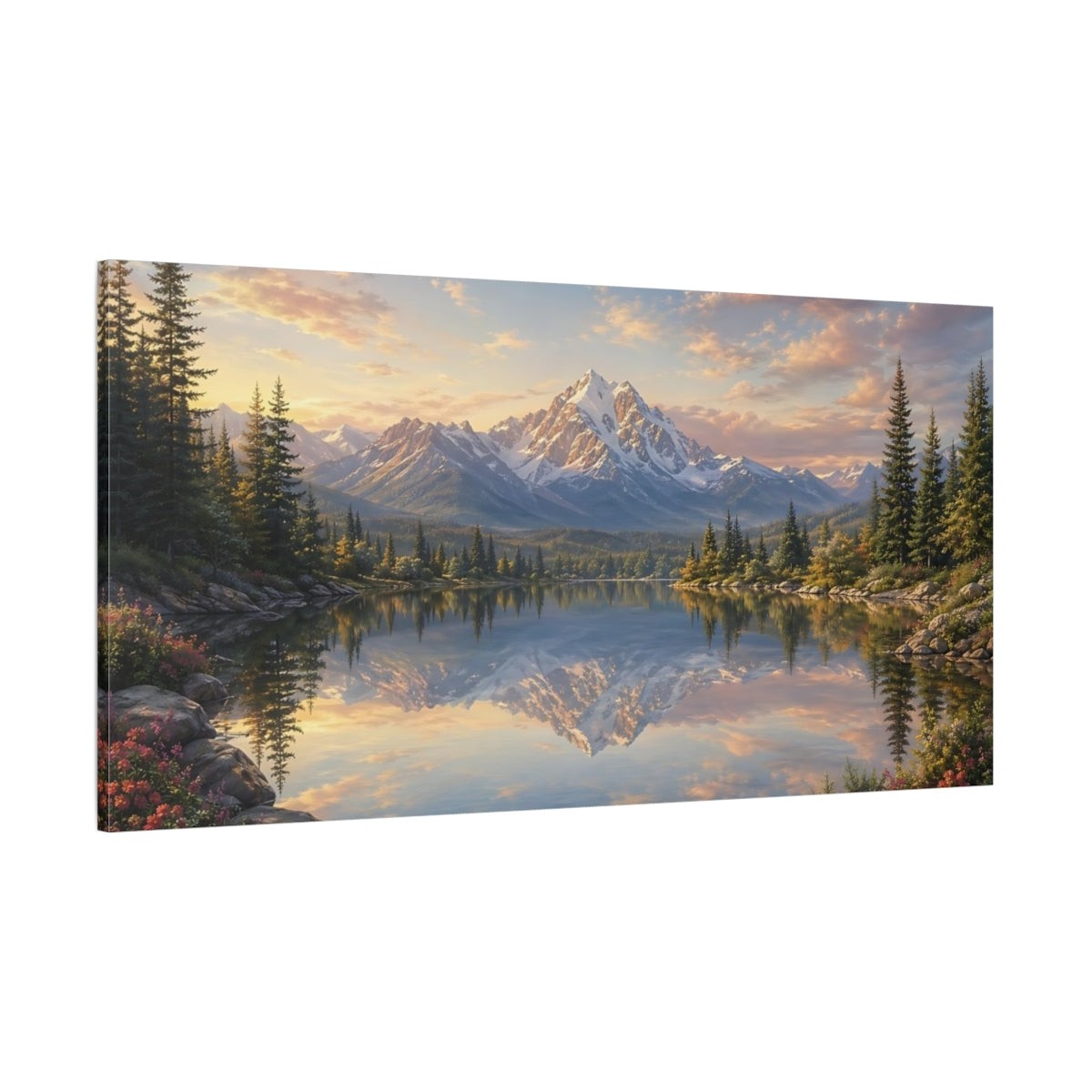 Side Mockup 2. Nature Mountain Lake Blue And Gold Landscape shown as stretched canvas wall art