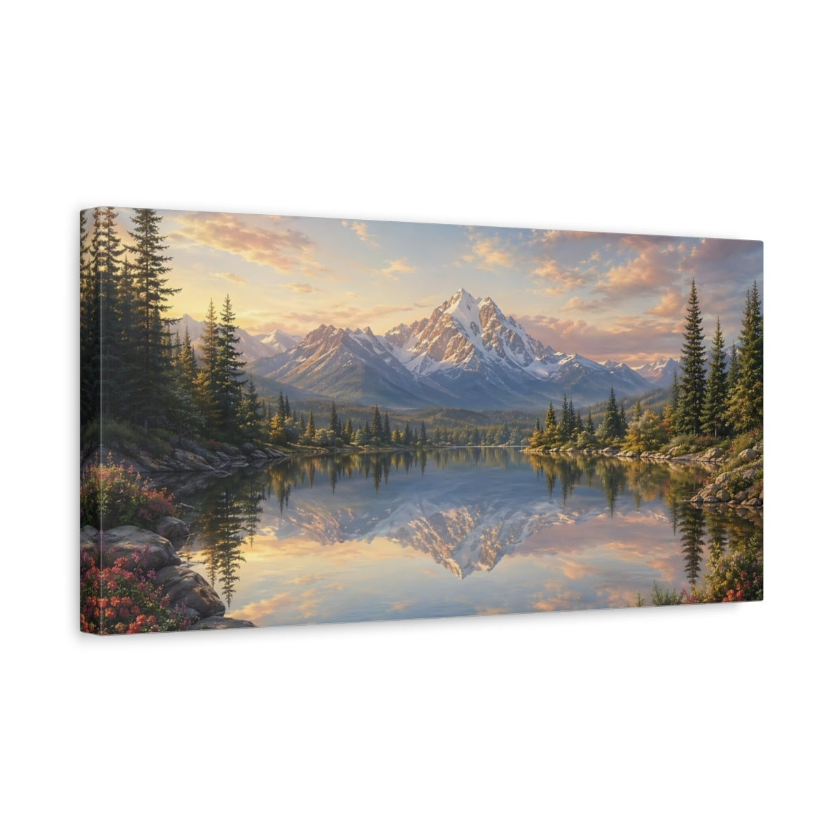 Side Mockup 3. Nature Mountain Lake Blue And Gold Landscape shown as stretched canvas wall art