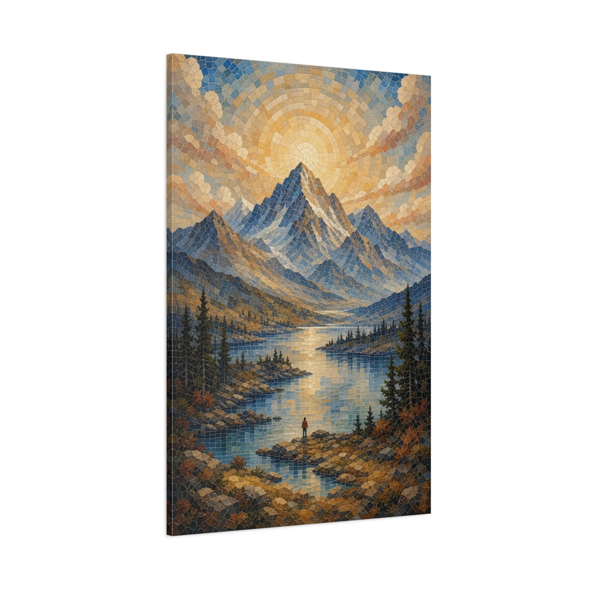 Side Mockup 1. Nature Mountain Lake Blue And Gold shown as stretched canvas wall art
