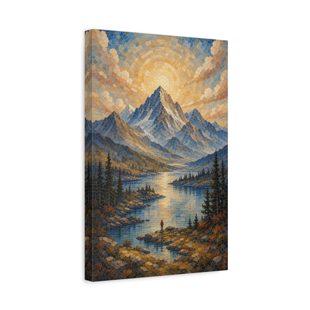 Side Mockup 4. Nature Mountain Lake Blue And Gold shown as stretched canvas wall art