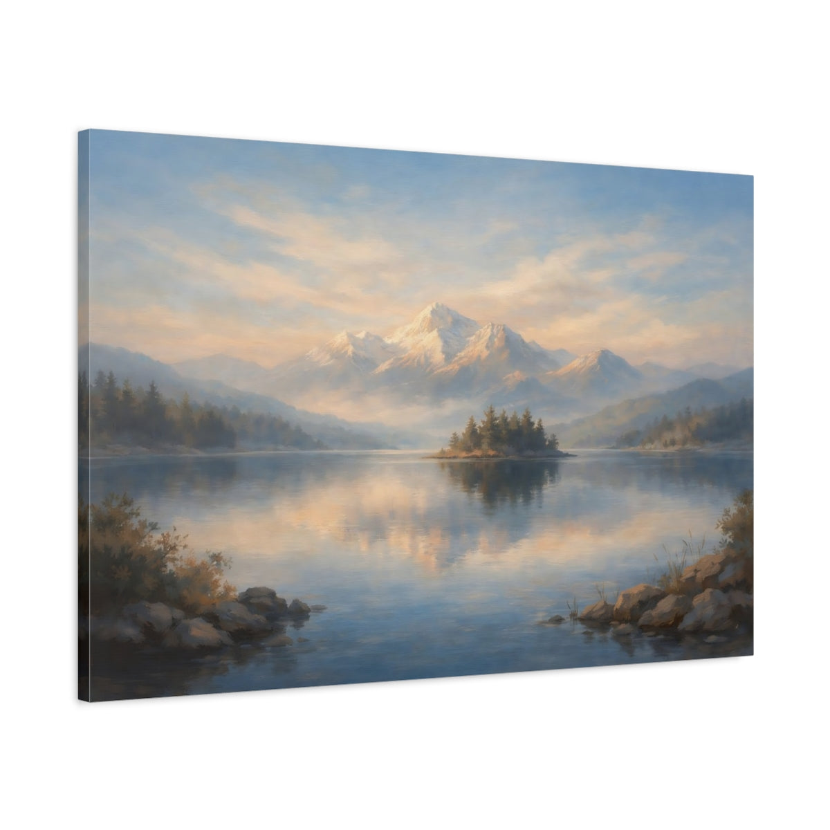 Side Mockup 1. Nature Mountain Lake Blue And Gold Mountain shown as stretched canvas wall art