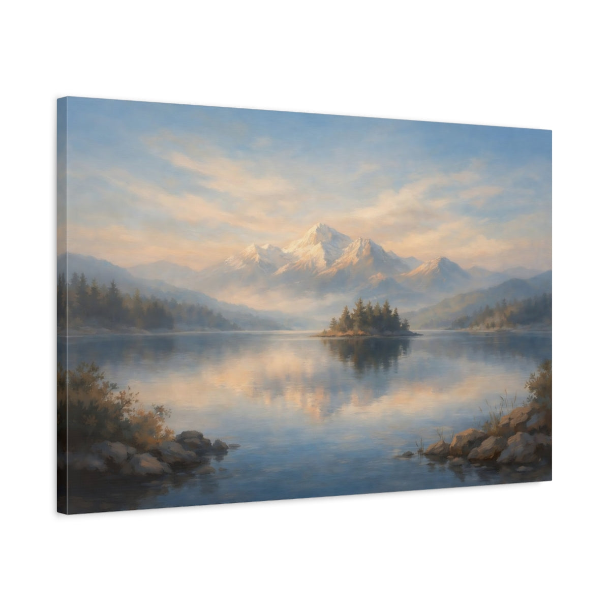 Side Mockup 2. Nature Mountain Lake Blue And Gold Mountain shown as stretched canvas wall art