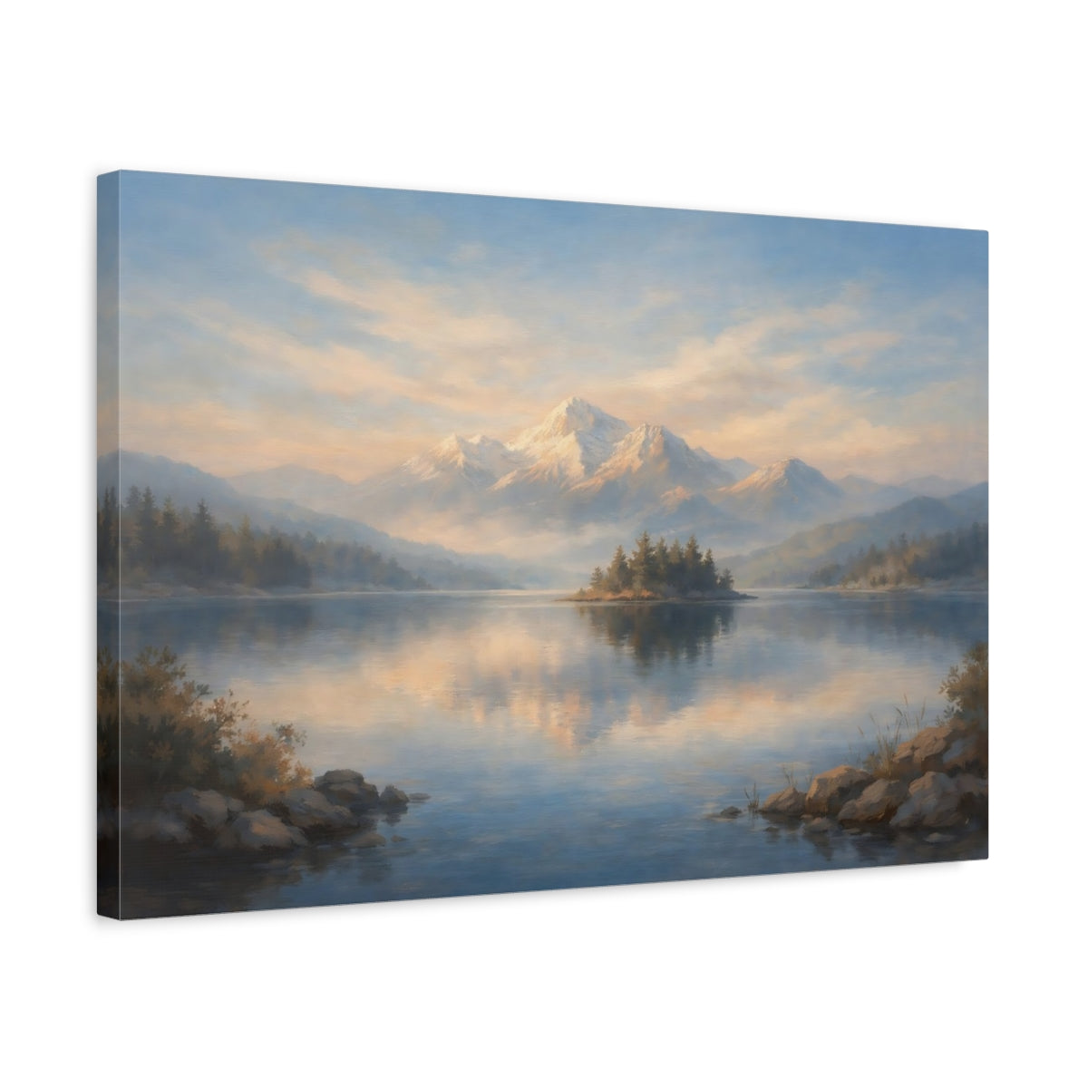 Side Mockup 3. Nature Mountain Lake Blue And Gold Mountain shown as stretched canvas wall art