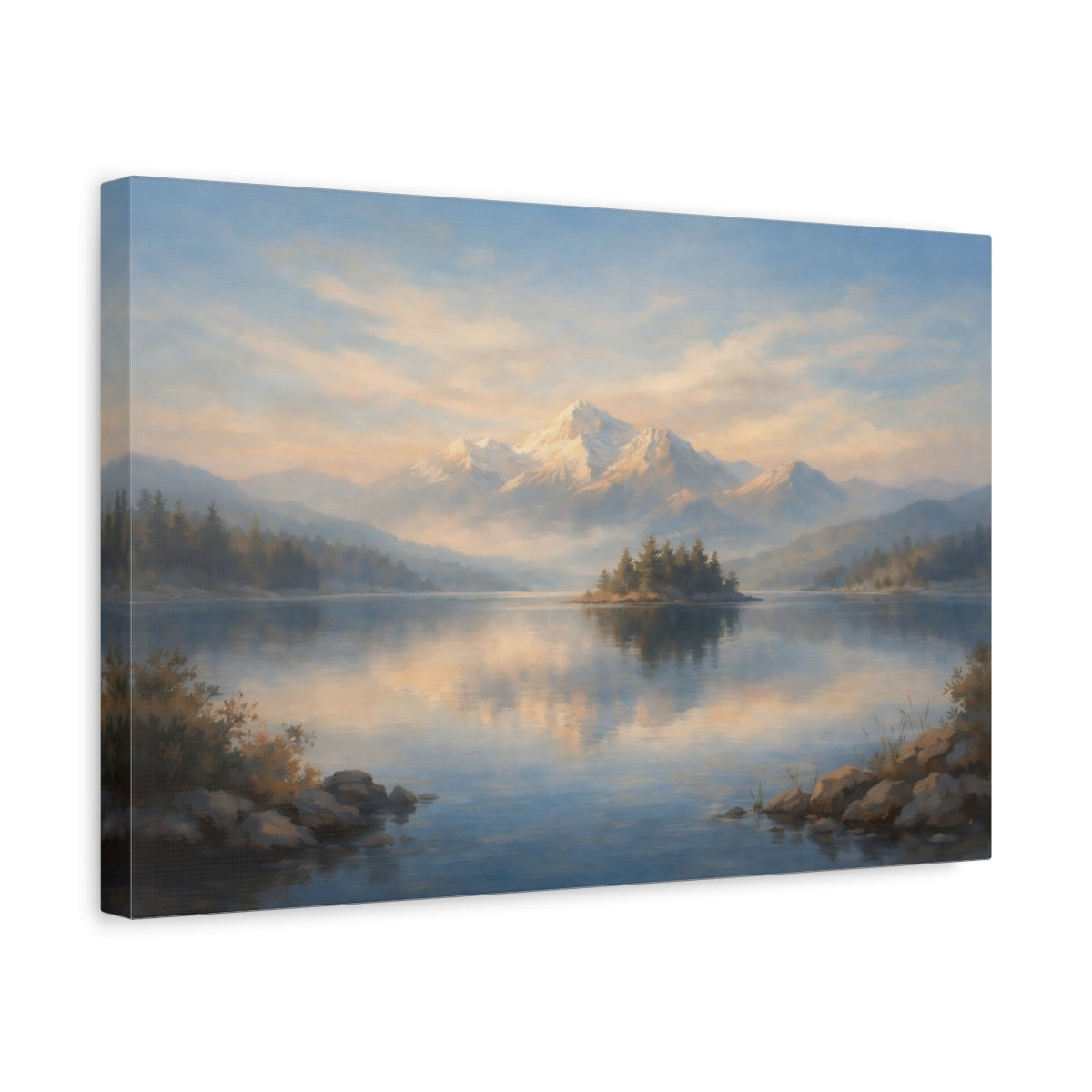 Side Mockup 4. Nature Mountain Lake Blue And Gold Mountain shown as stretched canvas wall art