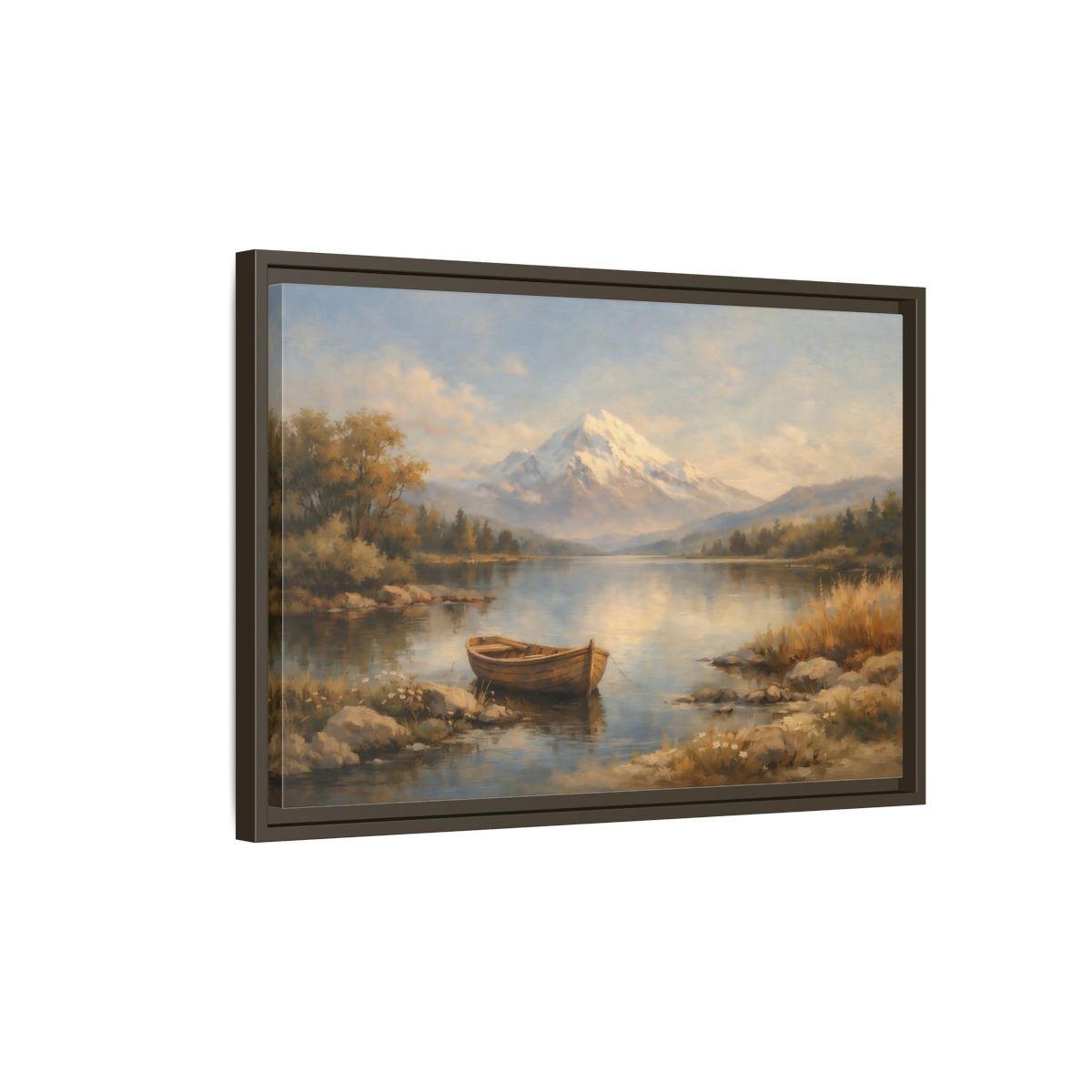 Side Mockup 2. Nature Mountain Lake Blue And Gold Landscape shown as stretched canvas wall art