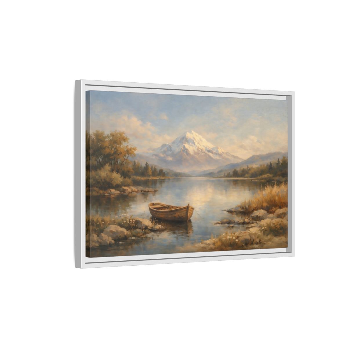 Side Mockup 1. Nature Mountain Lake Blue And Gold Landscape shown as stretched canvas wall art