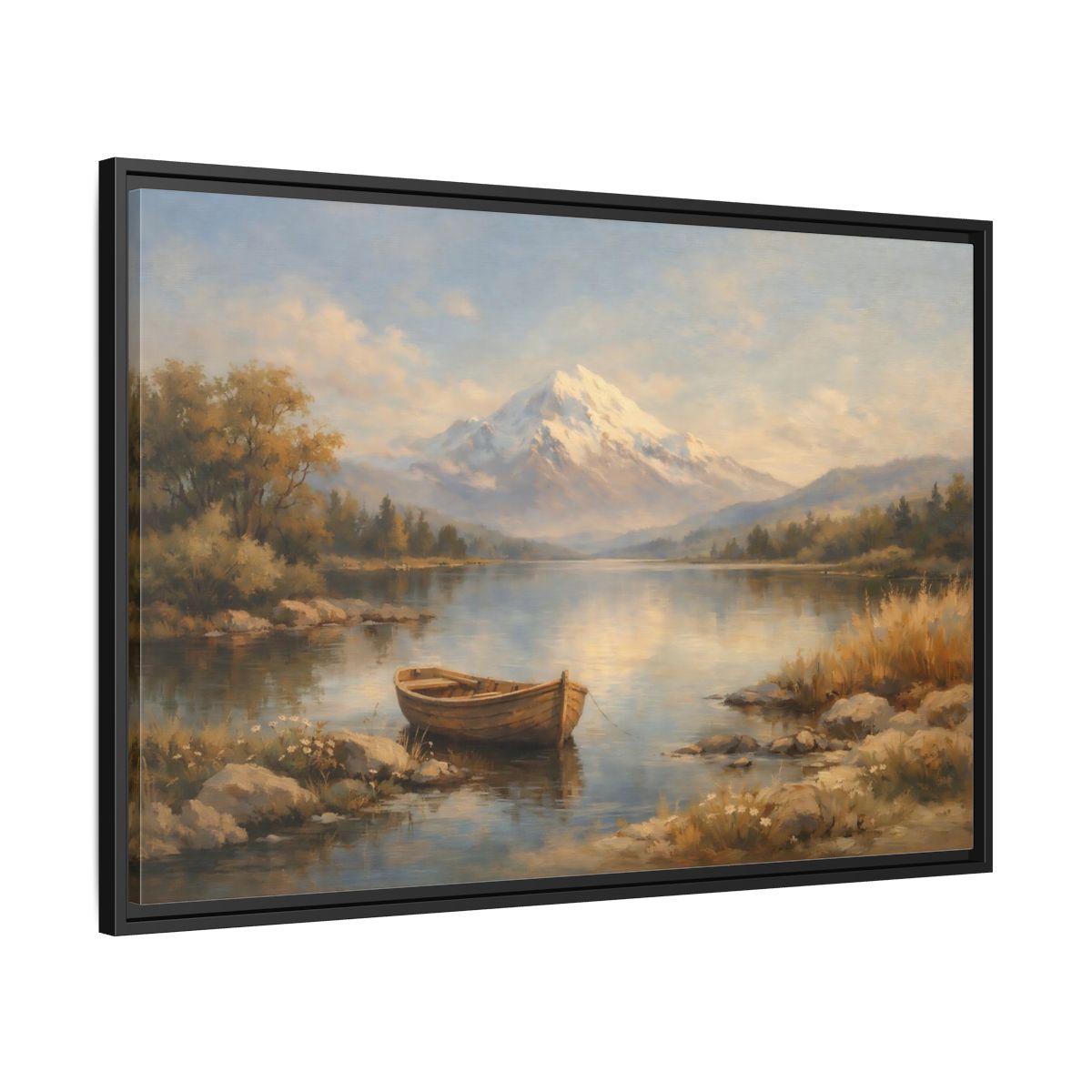Side Mockup 13. Nature Mountain Lake Blue And Gold Landscape shown as stretched canvas wall art