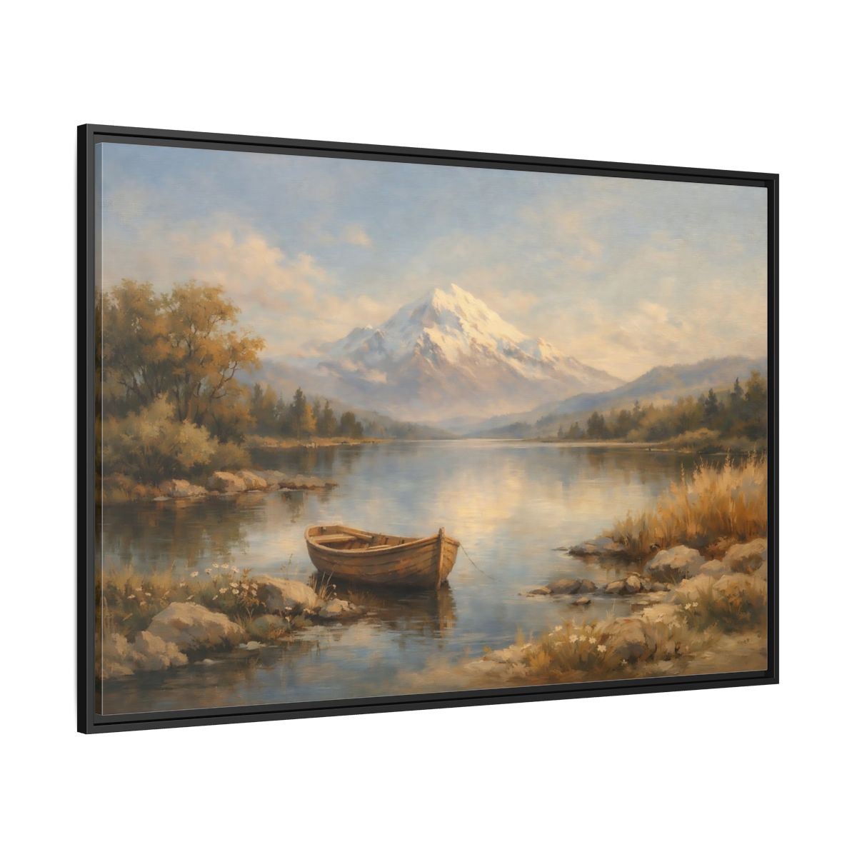 Side Mockup 12. Nature Mountain Lake Blue And Gold Landscape shown as stretched canvas wall art