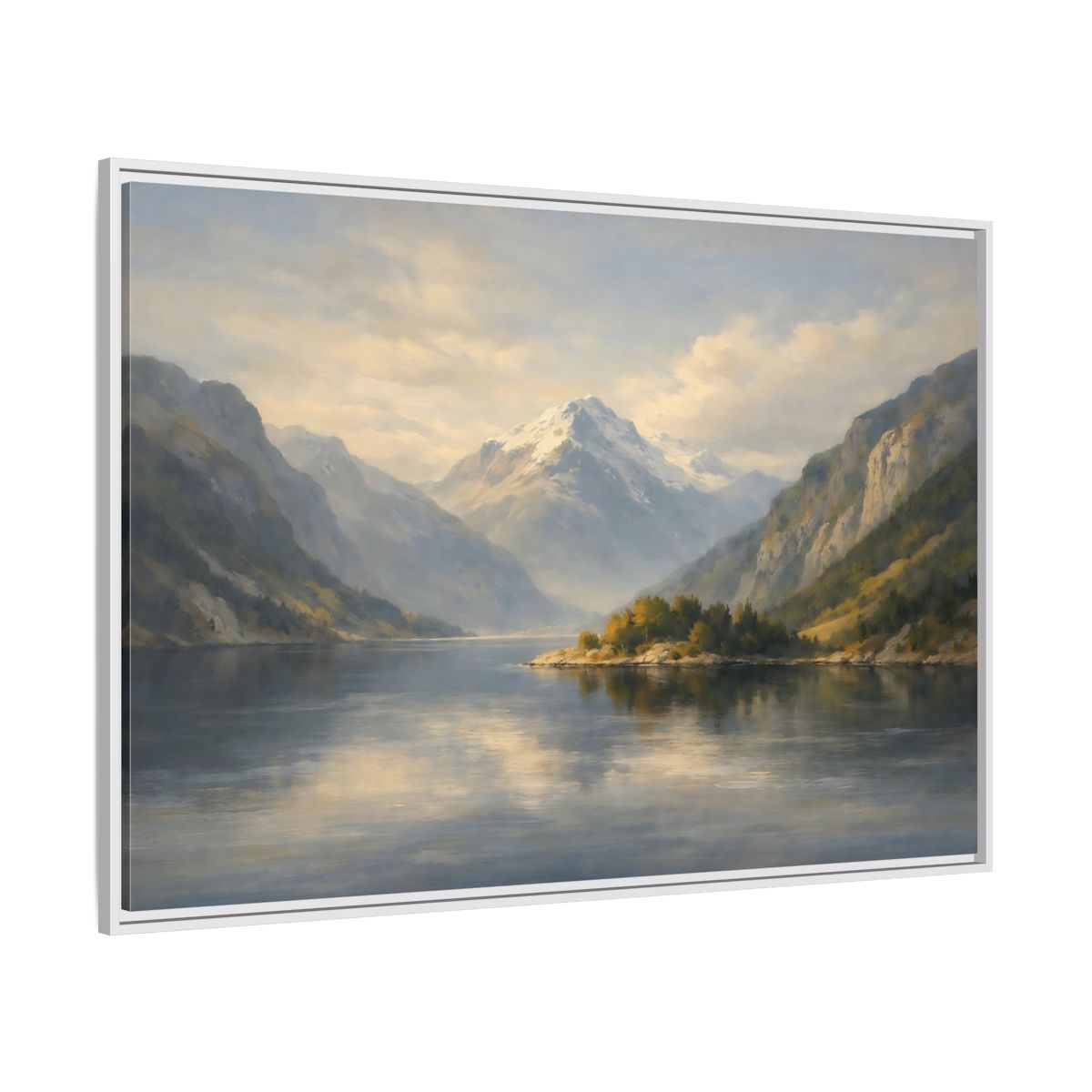 Side Mockup 7. Nature Mountain Lake Blue And Gold Landscape shown as stretched canvas wall art