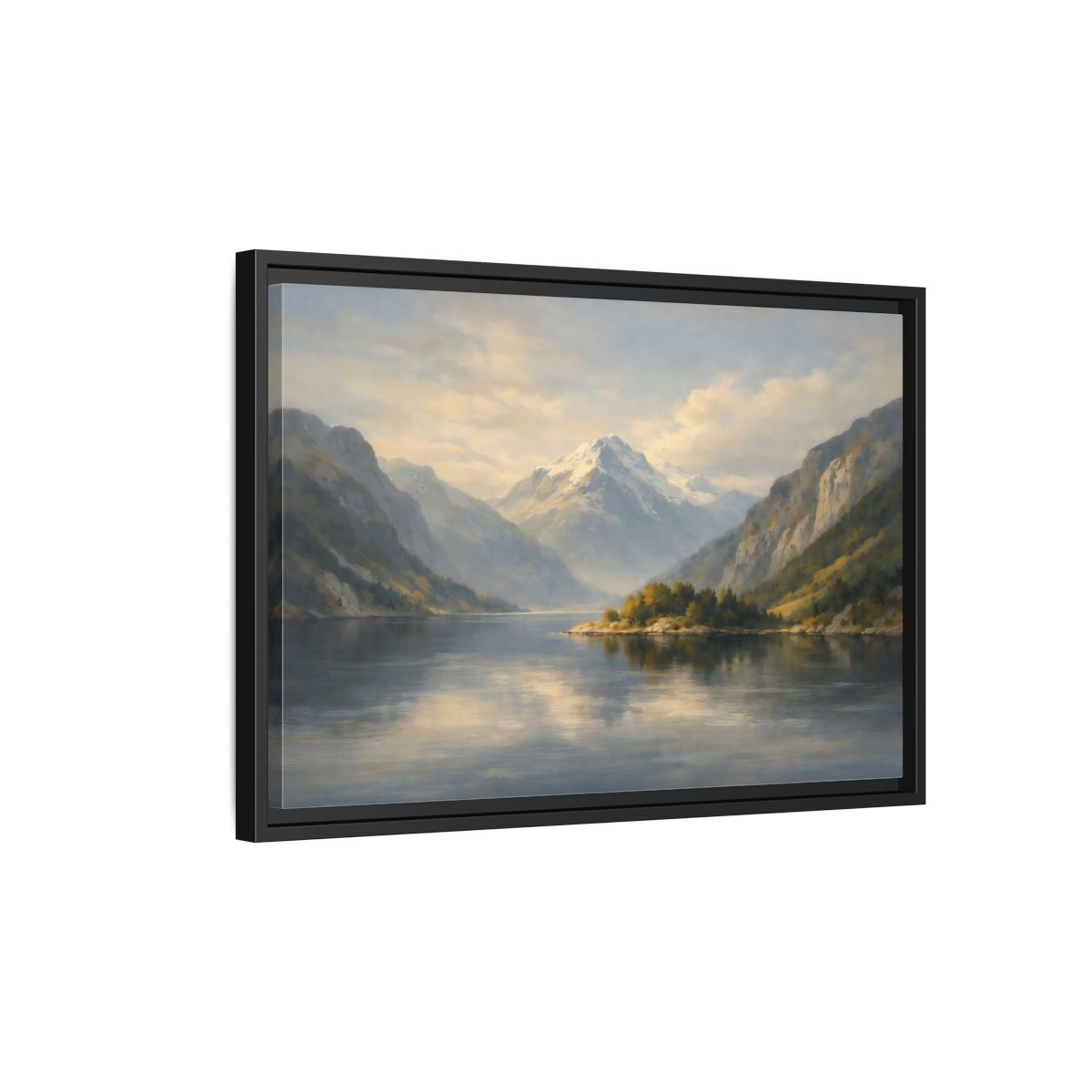 Side Mockup 3. Nature Mountain Lake Blue And Gold Landscape shown as stretched canvas wall art