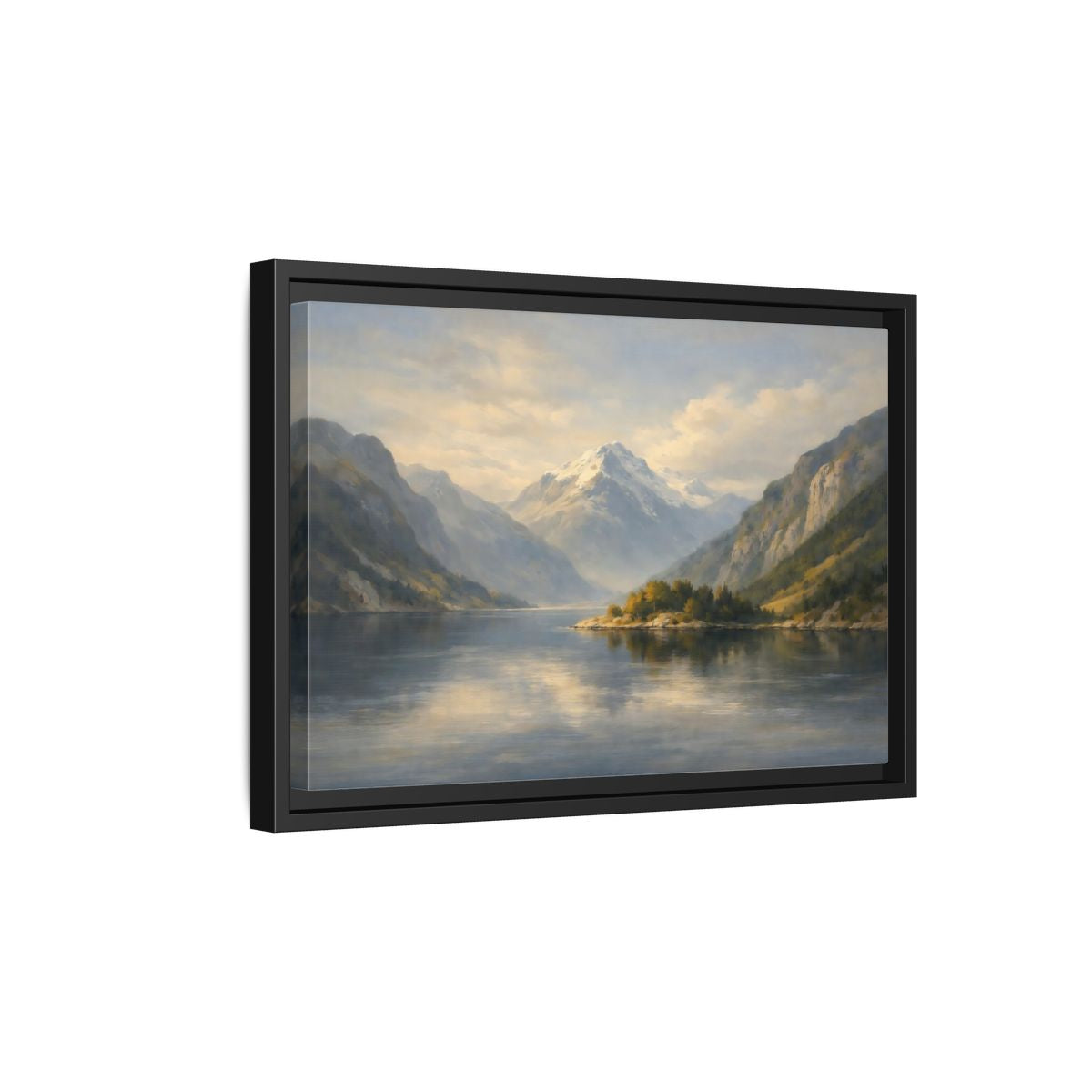 Side Mockup 6. Nature Mountain Lake Blue And Gold Landscape shown as stretched canvas wall art