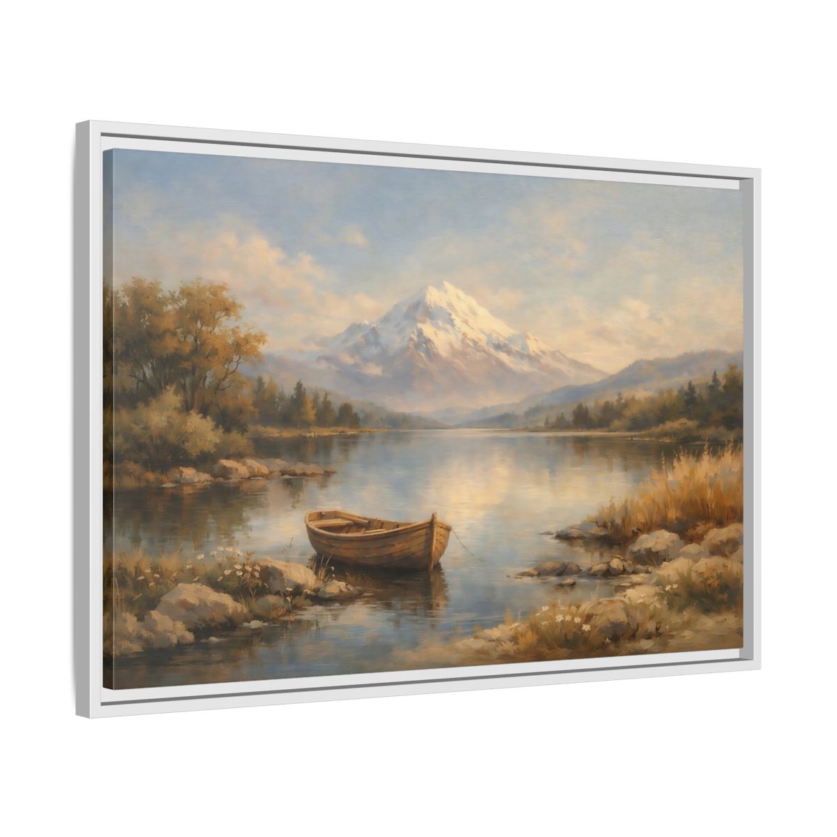 Side Mockup 10. Nature Mountain Lake Blue And Gold Landscape shown as stretched canvas wall art