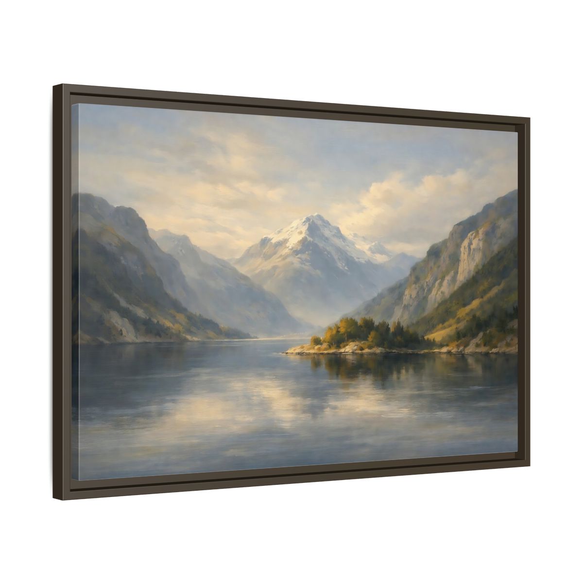 Side Mockup 11. Nature Mountain Lake Blue And Gold Landscape shown as stretched canvas wall art