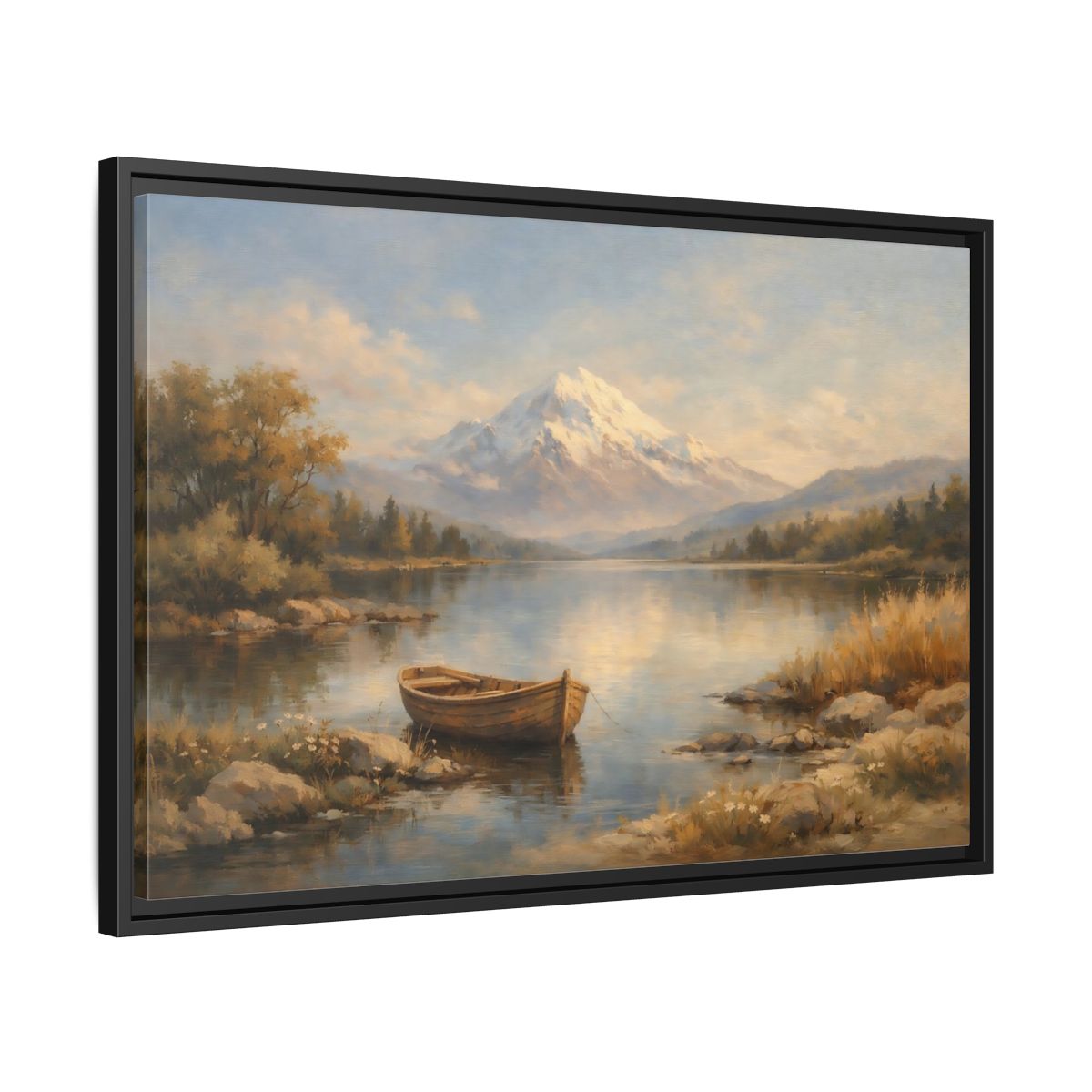 Side Mockup 14. Nature Mountain Lake Blue And Gold Landscape shown as stretched canvas wall art