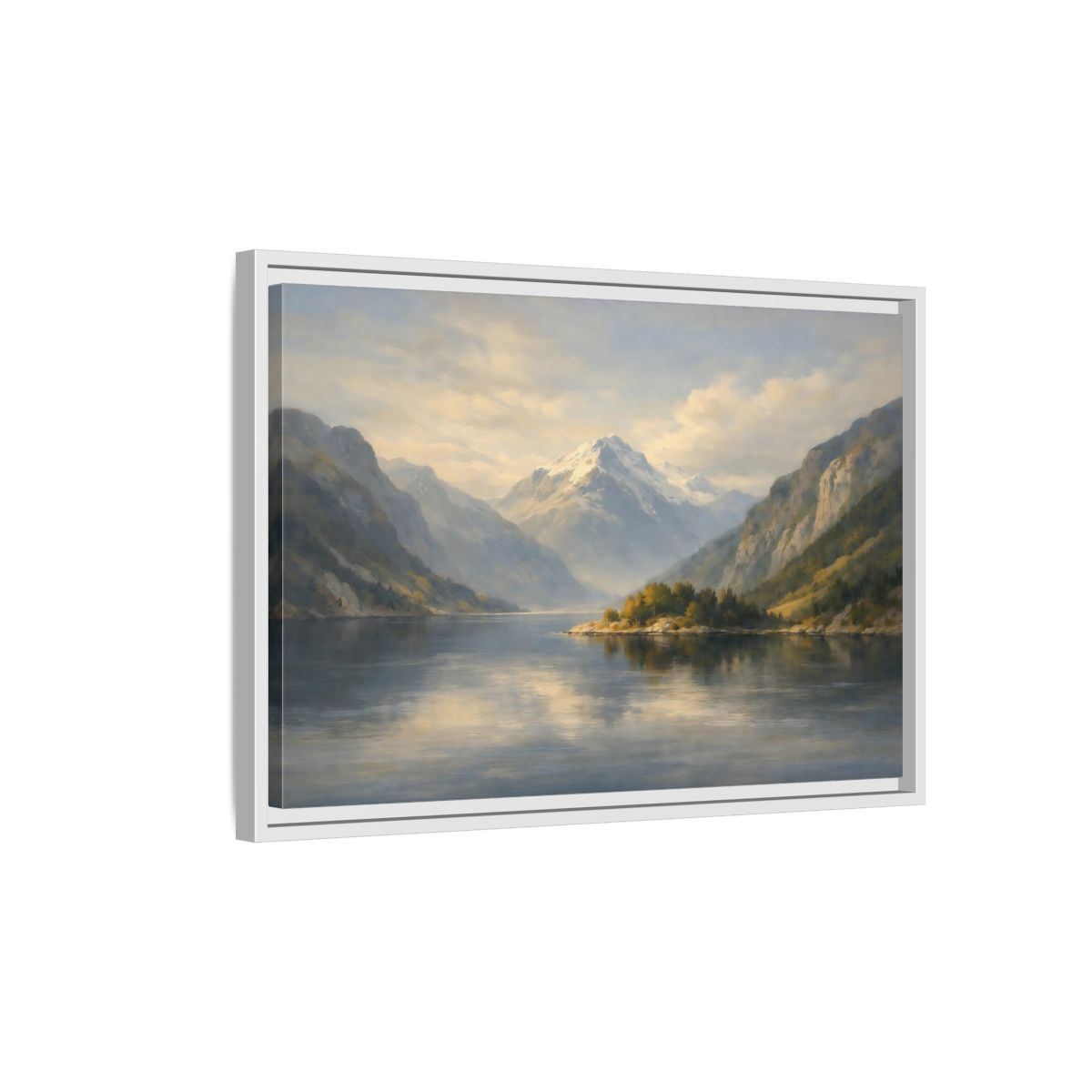 Side Mockup 1. Nature Mountain Lake Blue And Gold Landscape shown as stretched canvas wall art