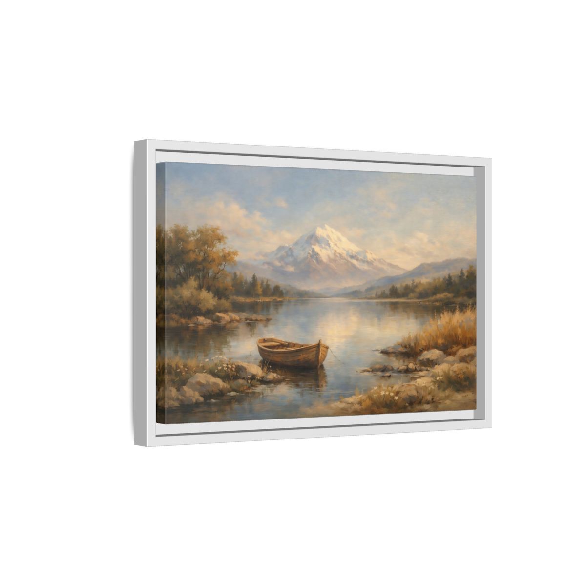 Side Mockup 4. Nature Mountain Lake Blue And Gold Landscape shown as stretched canvas wall art