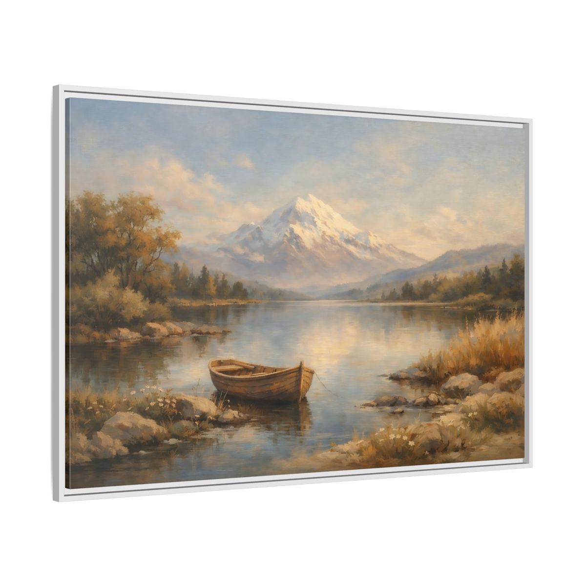 Side Mockup 7. Nature Mountain Lake Blue And Gold Landscape shown as stretched canvas wall art
