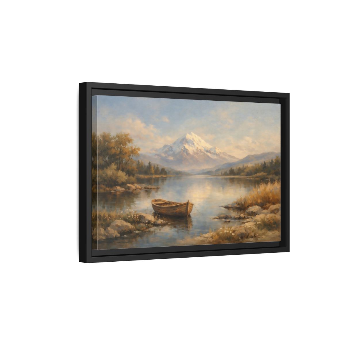 Side Mockup 6. Nature Mountain Lake Blue And Gold Landscape shown as stretched canvas wall art