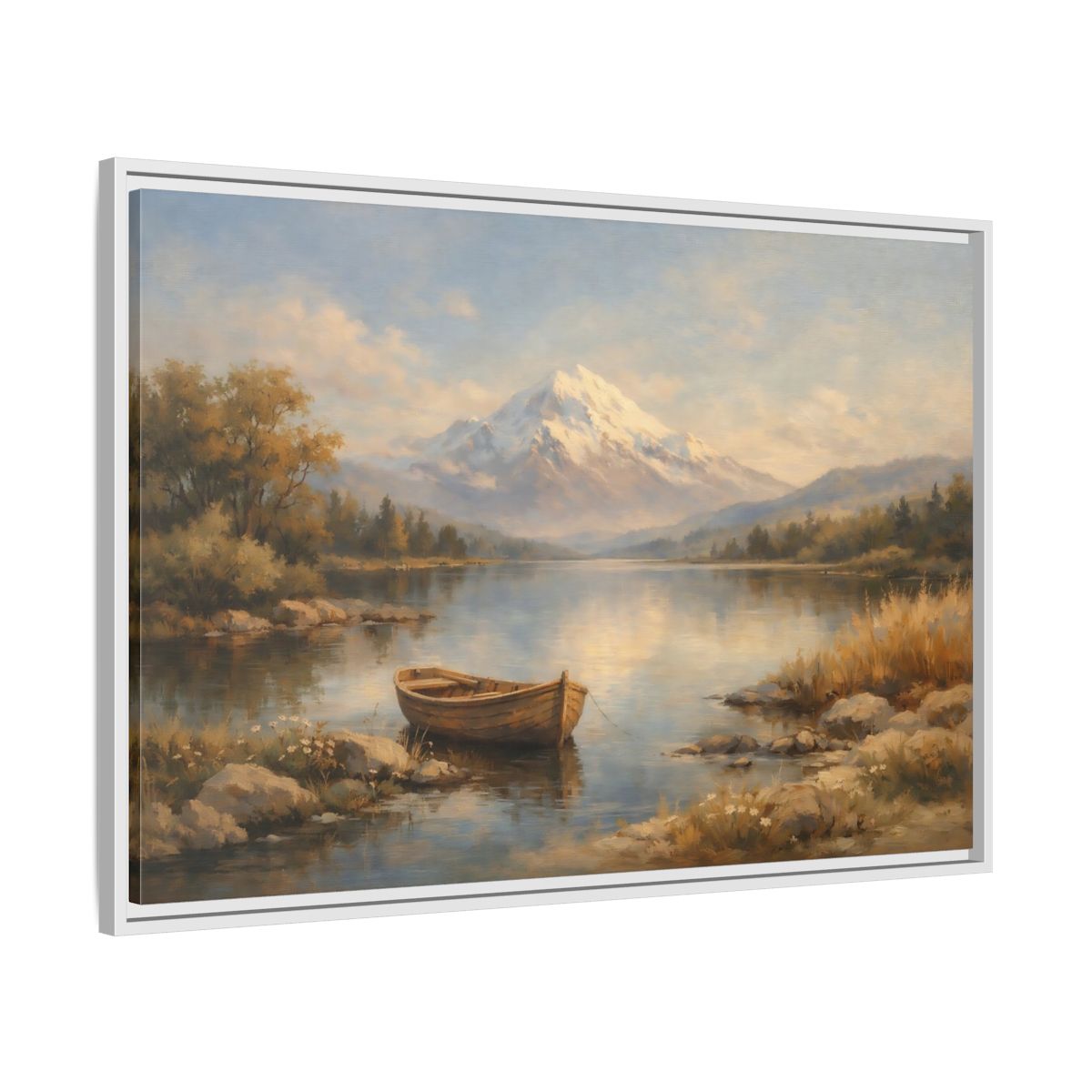 Side Mockup 8. Nature Mountain Lake Blue And Gold Landscape shown as stretched canvas wall art