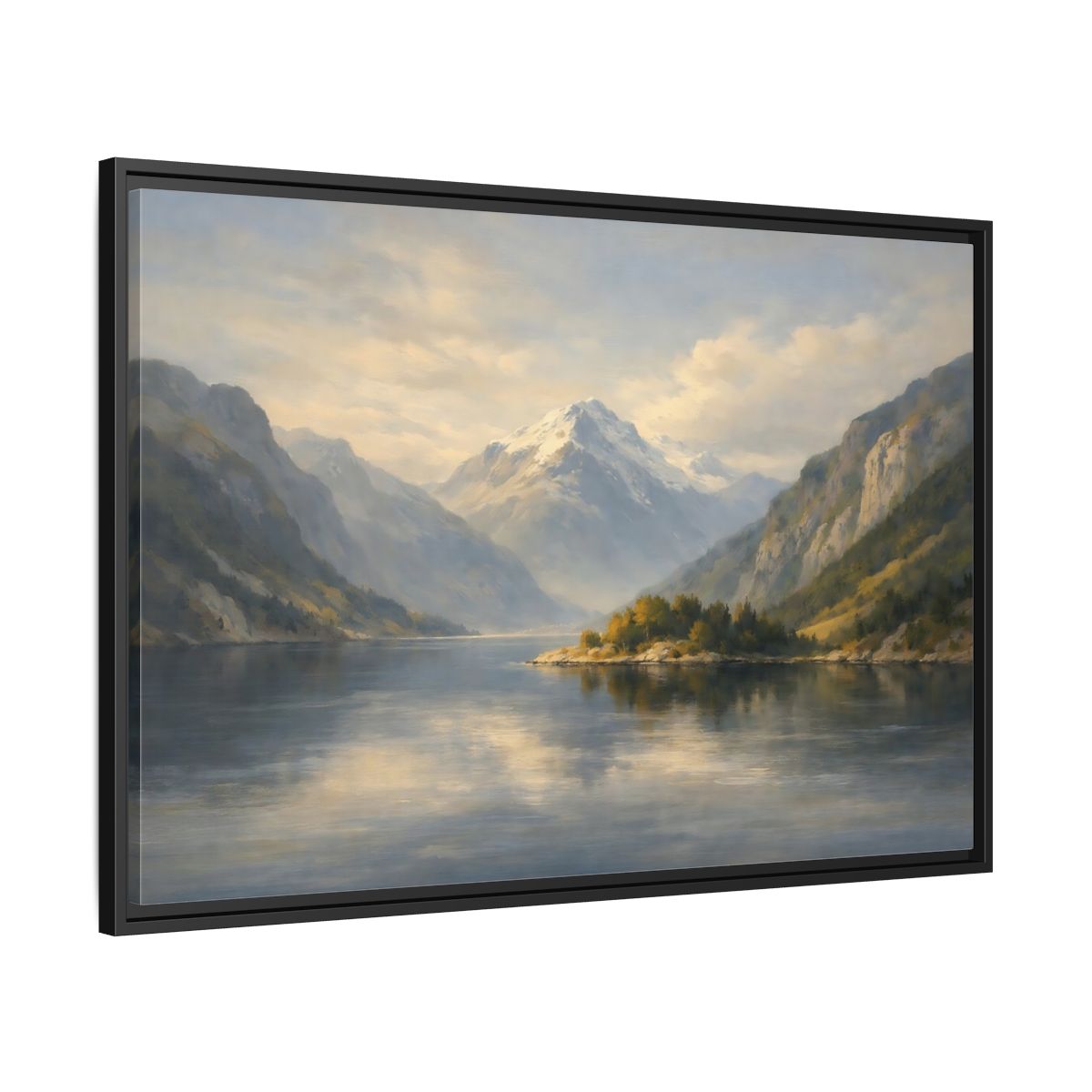 Side Mockup 13. Nature Mountain Lake Blue And Gold Landscape shown as stretched canvas wall art